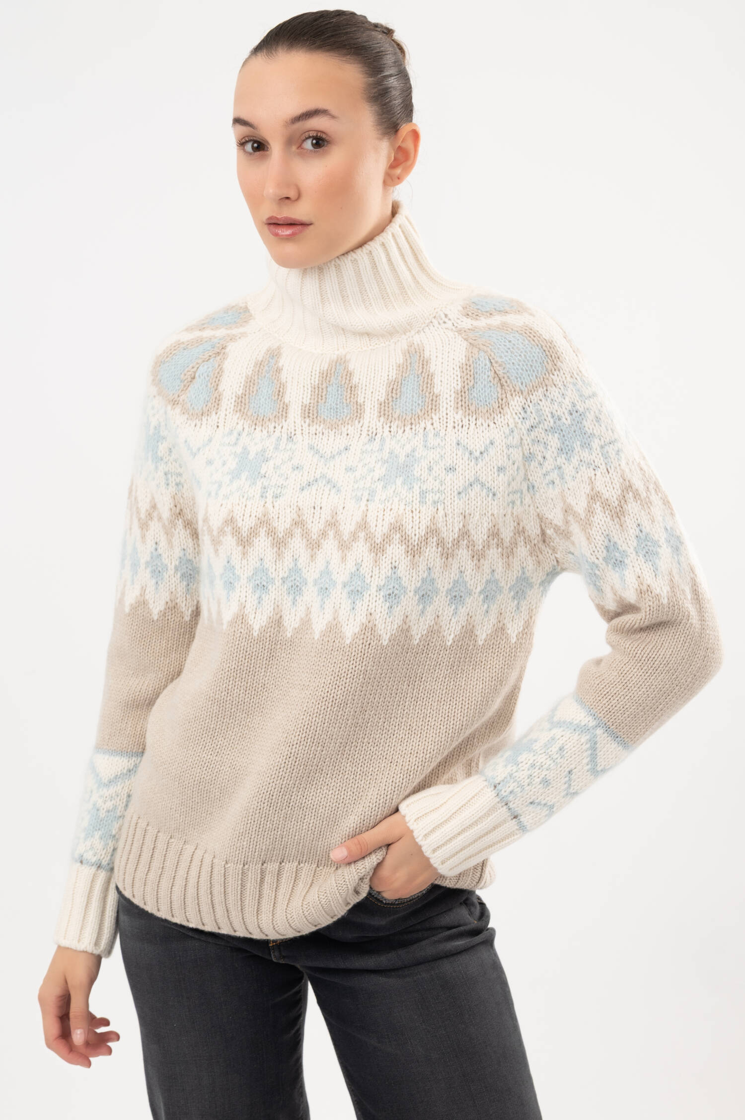 Woll-Cashmere-Pullover mit Norwegermuster in Natur Woll-Cashmere-Pullover mit Norwegermuster in Natur