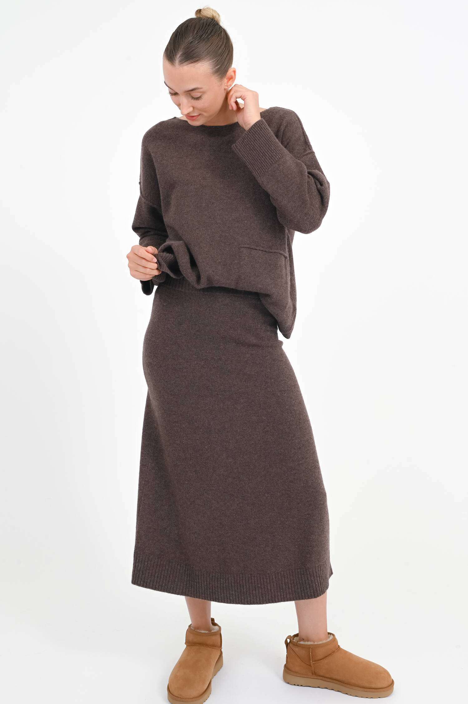 Midi-Rock aus Merinowolle in Braun