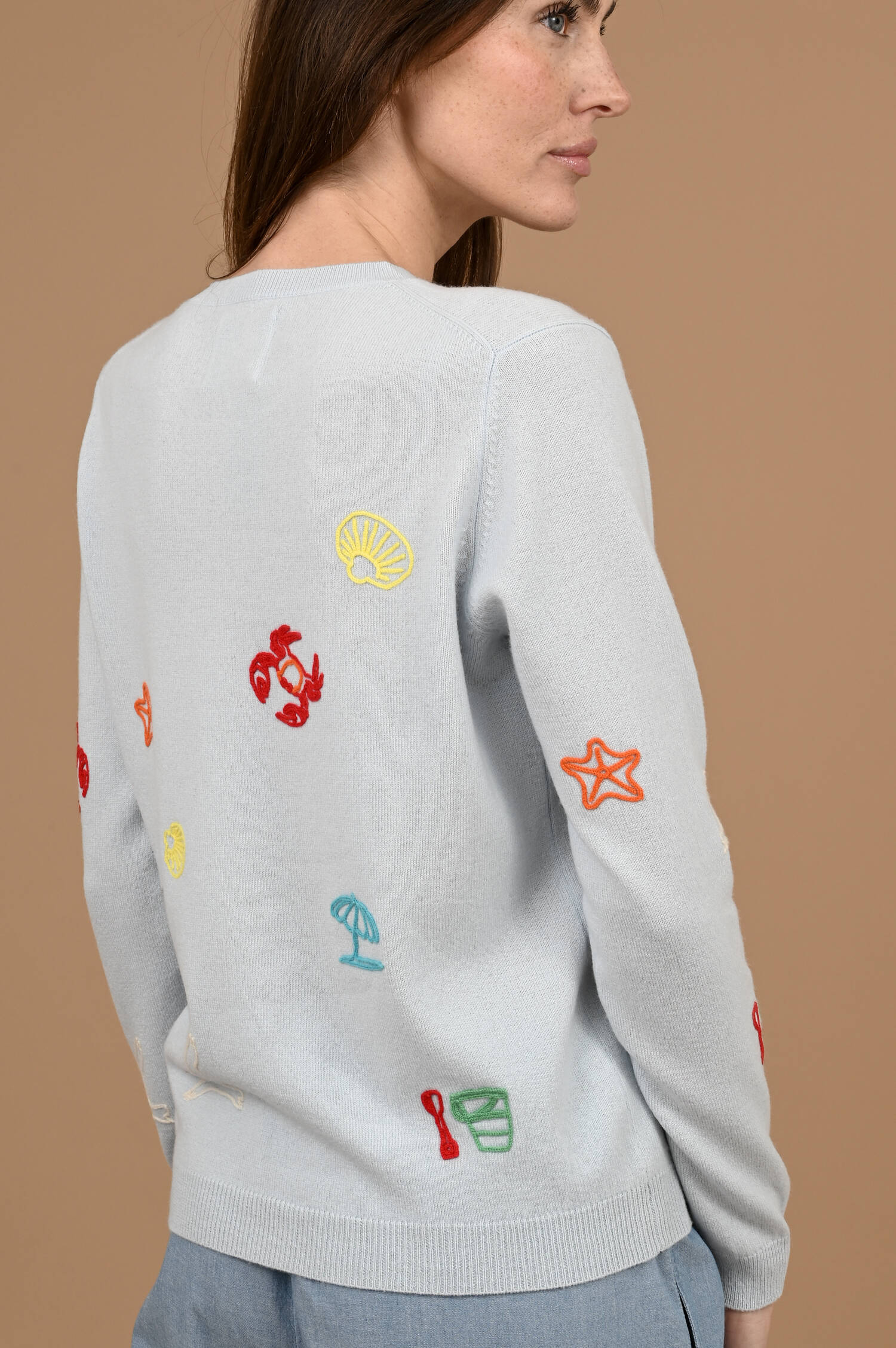 Cashmere Pullover mit Küstenaufstick in Hellblau