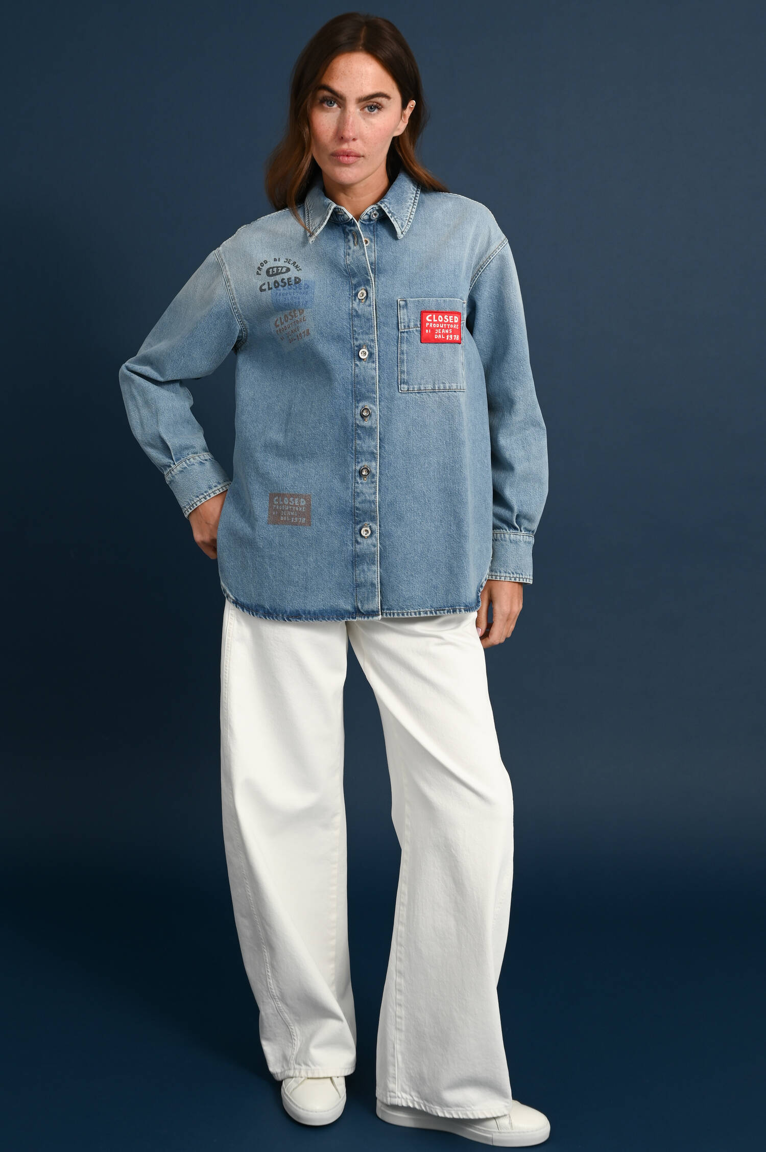 Denim-Bluse mit Logo-Details in Light Blue