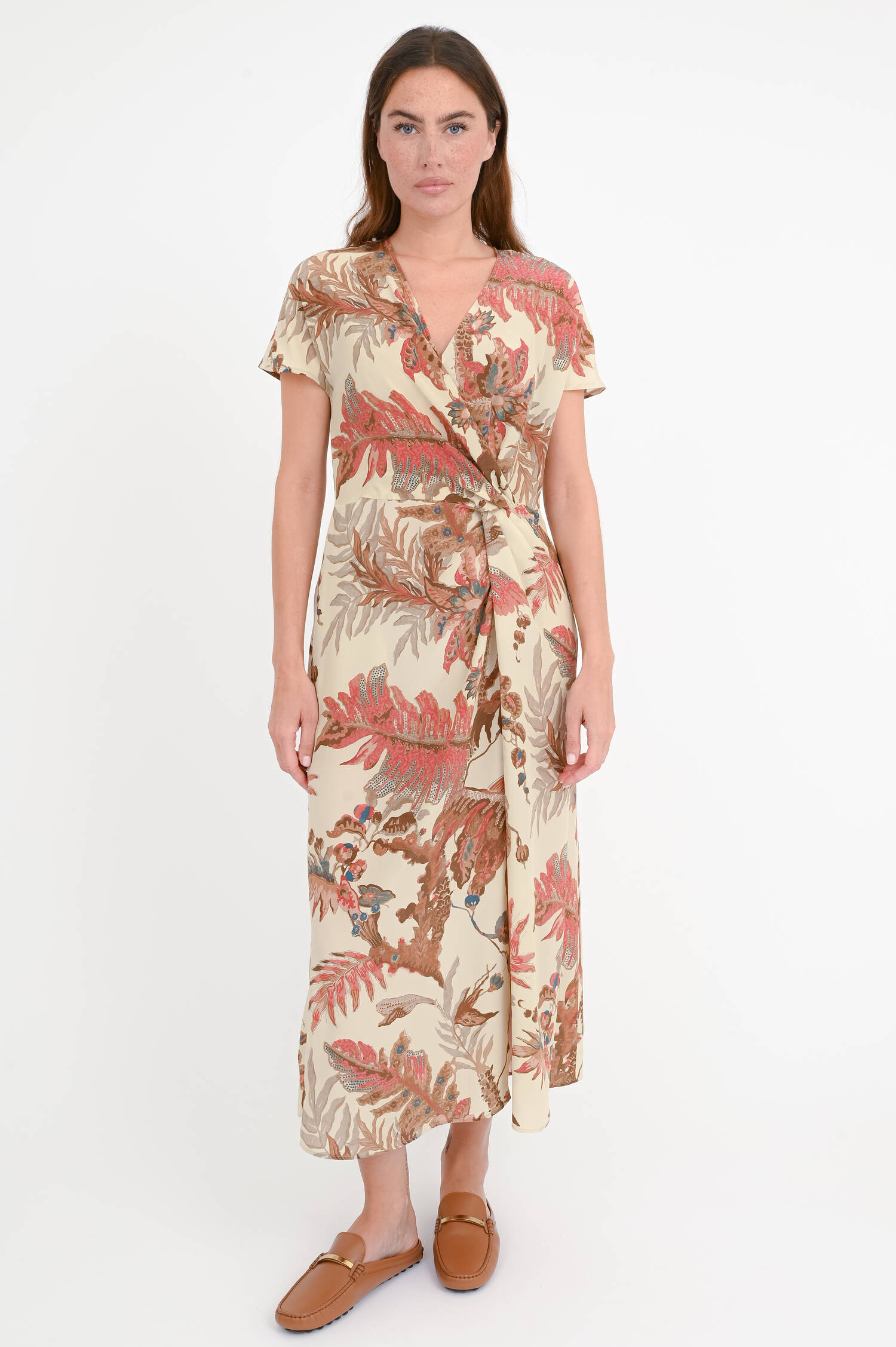 Midi-Seidenkleid AQUILA in Beige/Rot/Multicolor