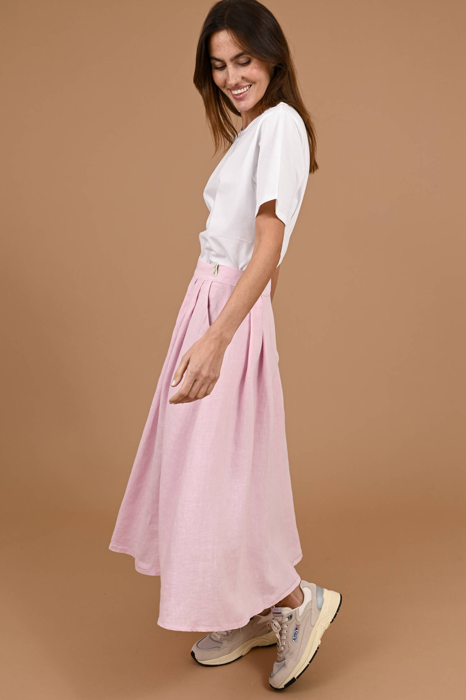 Midi-Leinenrock in Ballettrosa