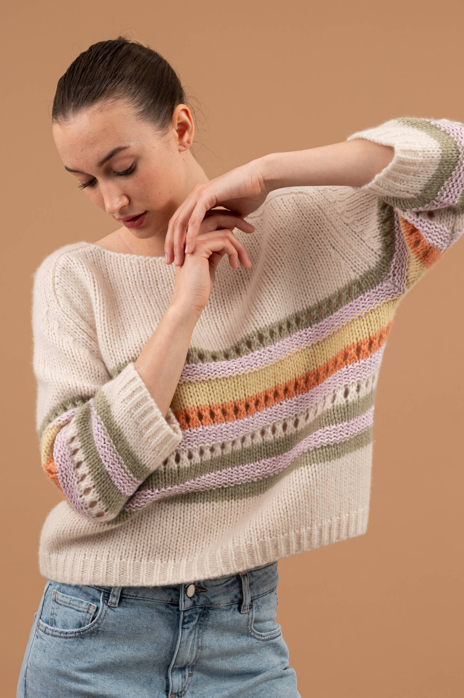 Grobstrick Pullover mit Streifenstrick in Beige