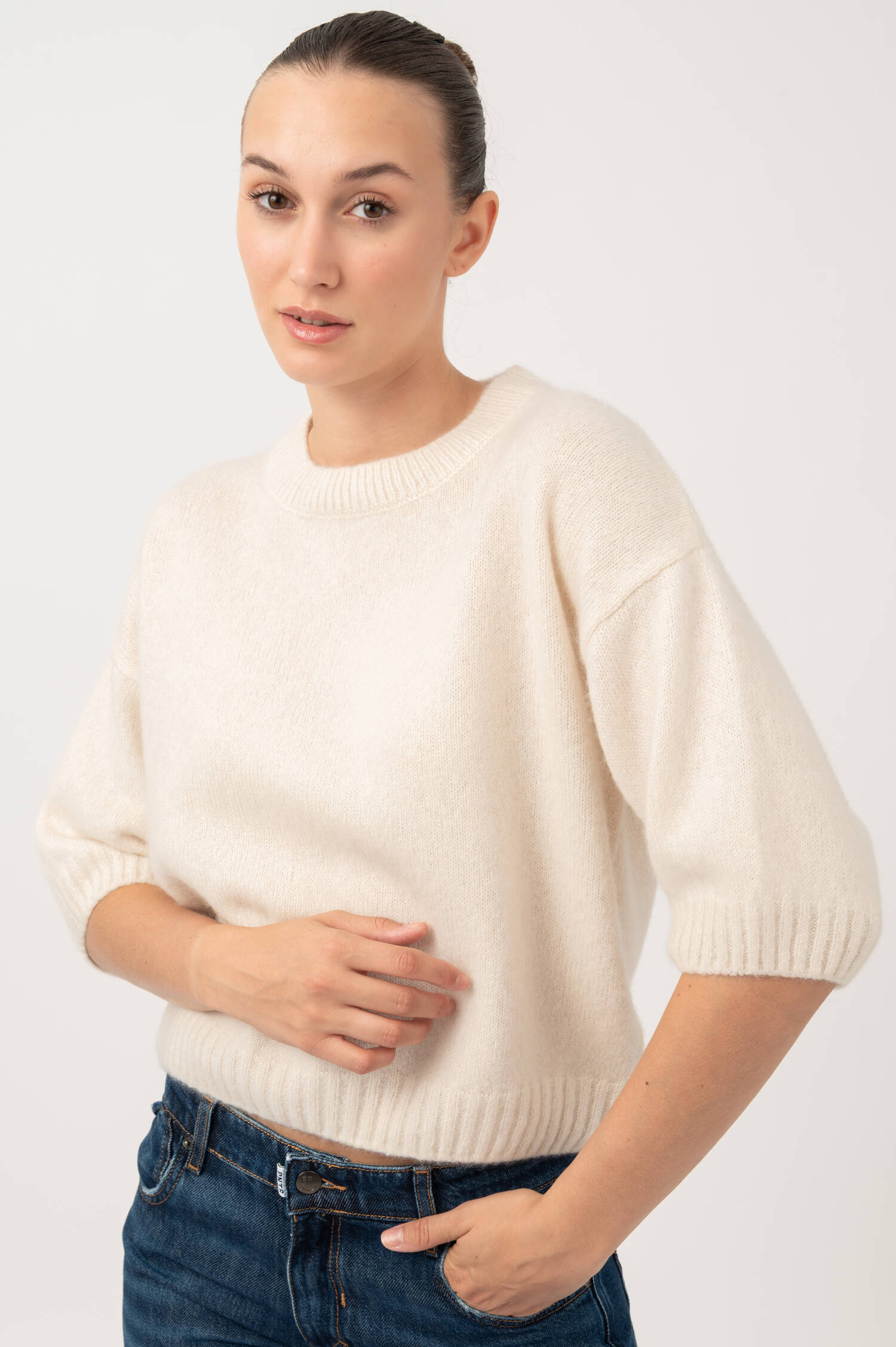 Cashmere-Seiden Dreiviertelarm Pullover in Beige Cashmere-Seiden Dreiviertelarm Pullover in Beige