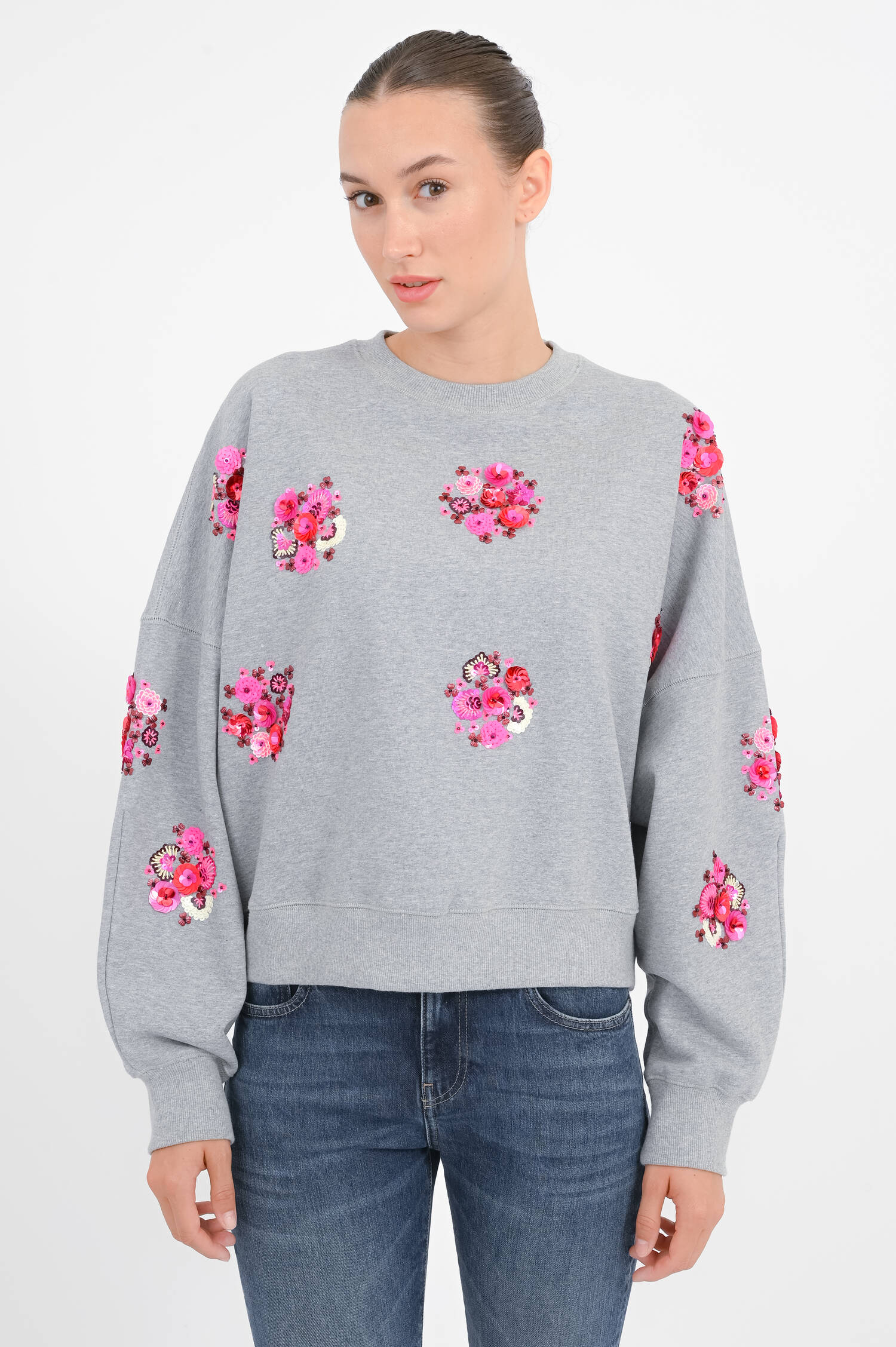 Sweatshirt mit Blüten-Details in Grau/Pink