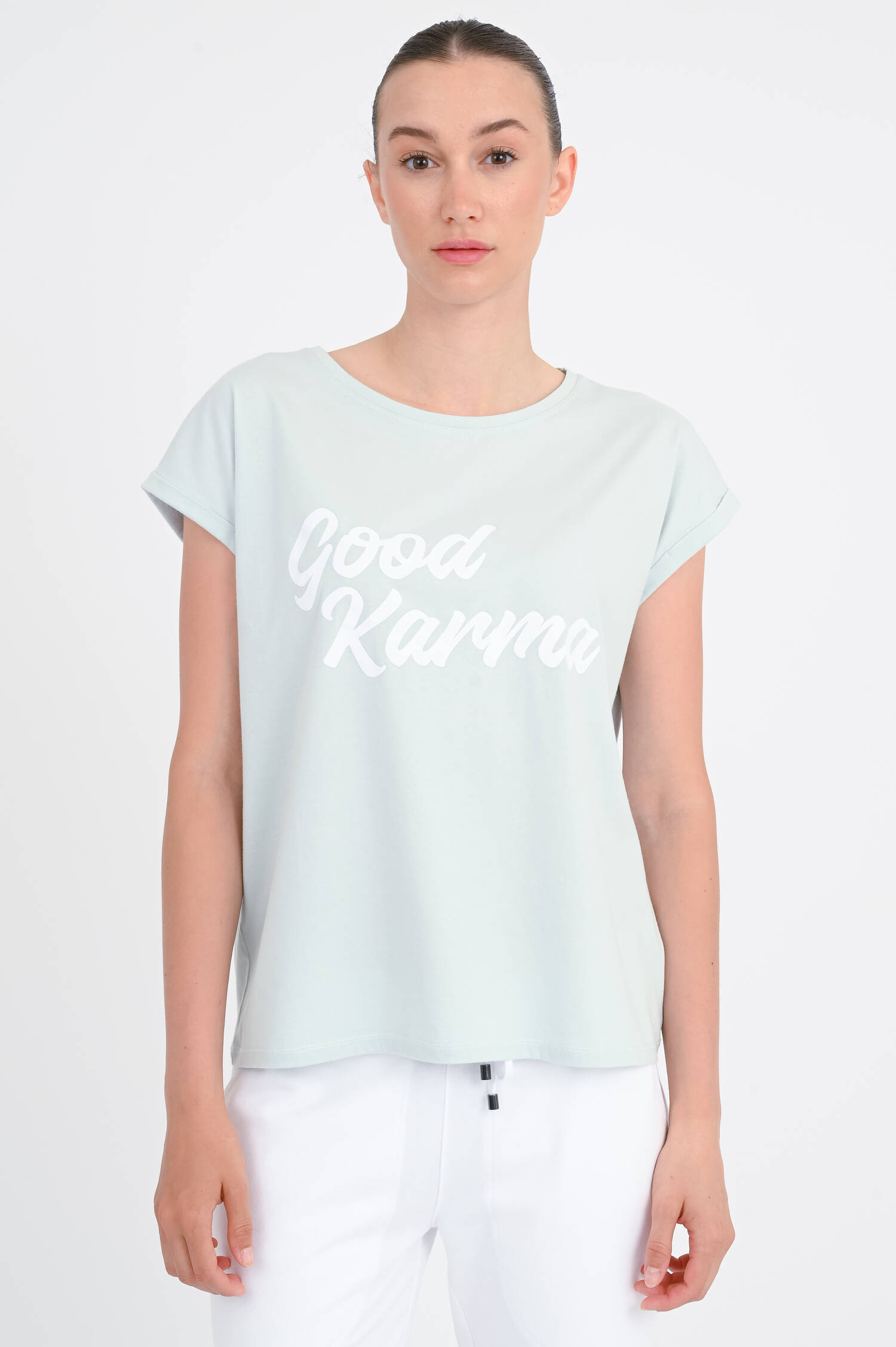 Shirt LENA mit Good-Karma-Print in Dusty Aqua