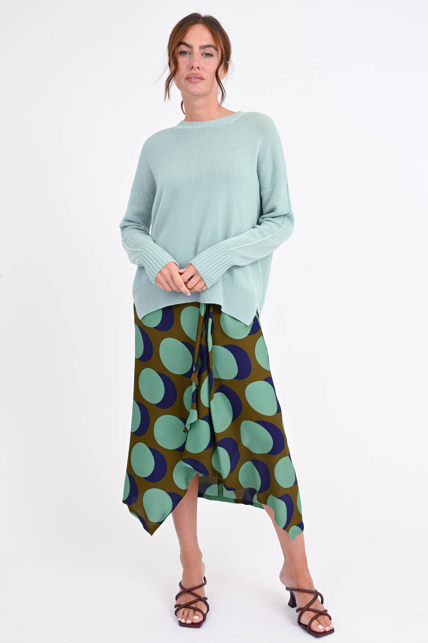 Midi-Rock mit Volants in Oliv/Grün/Blau