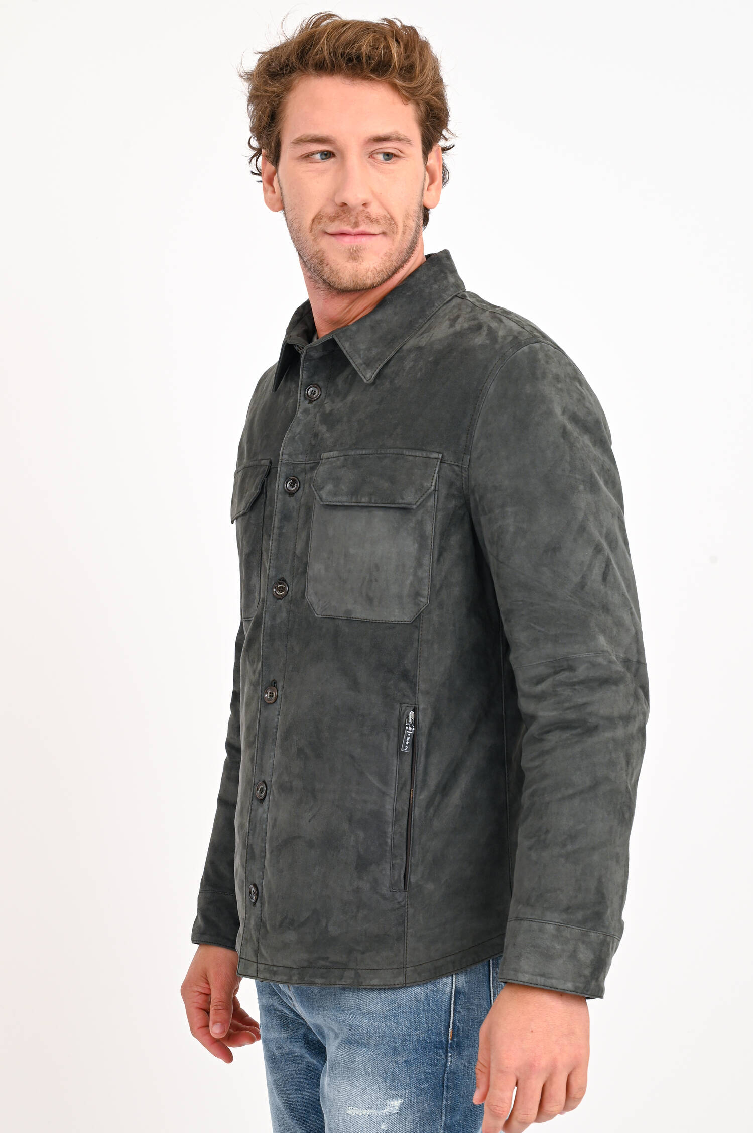 Overshirt aus Veloursleder in Graugrün Overshirt aus Veloursleder in Graugrün