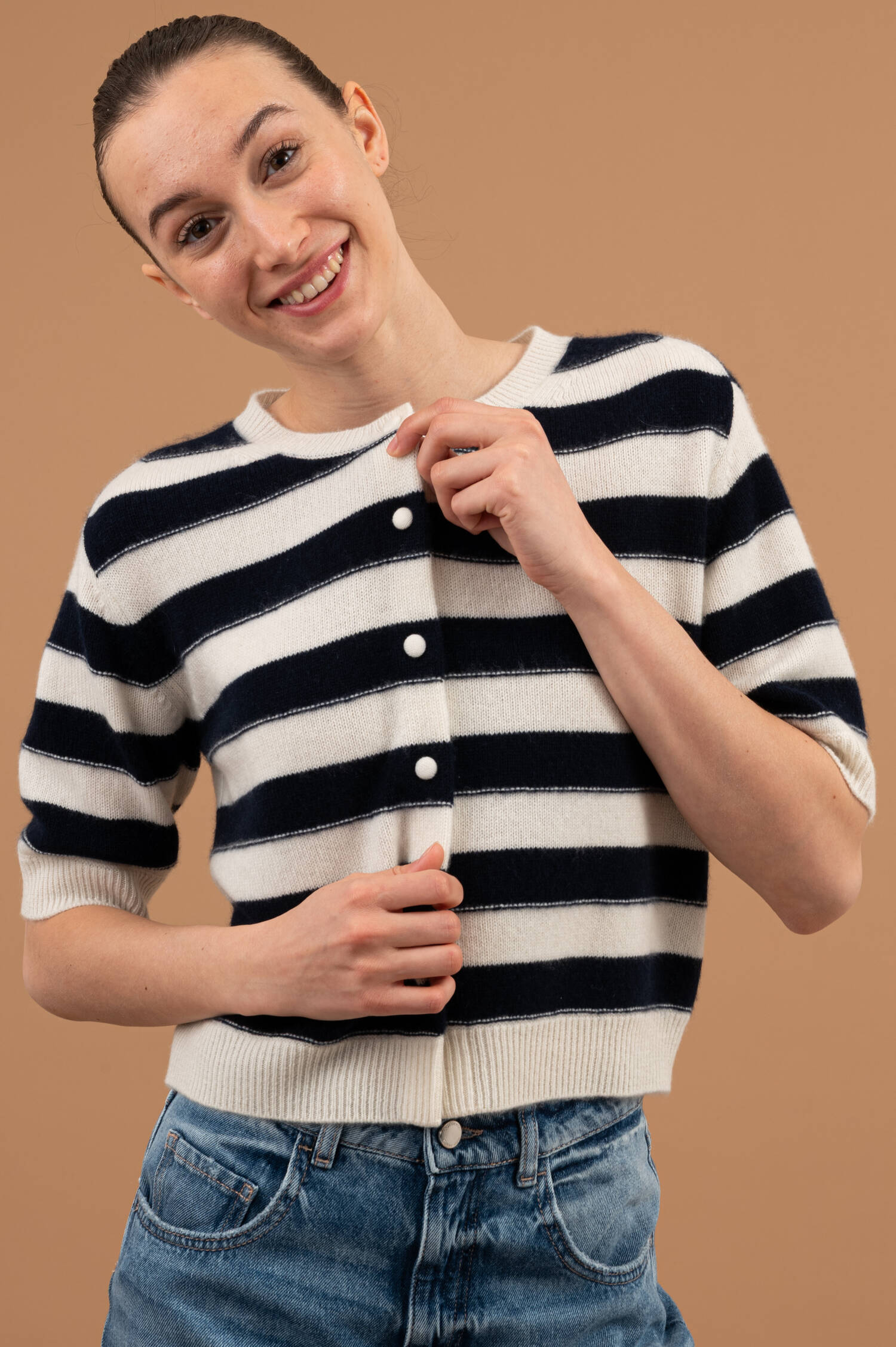 Cashmere Strickweste in Ecru/Navy Blau