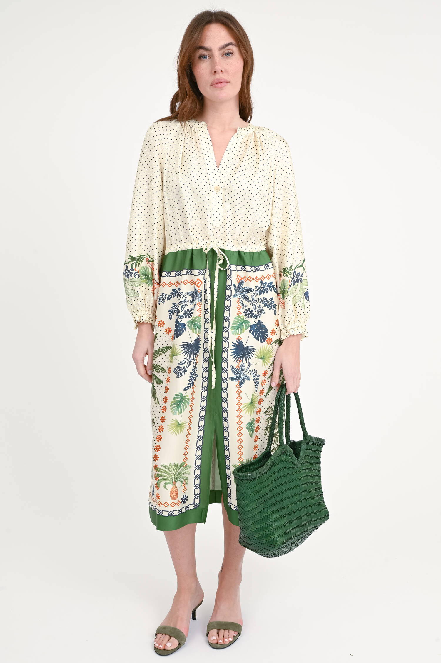 Gemustertes Kleid MAHALIA in Creme/Grün/Multicolor