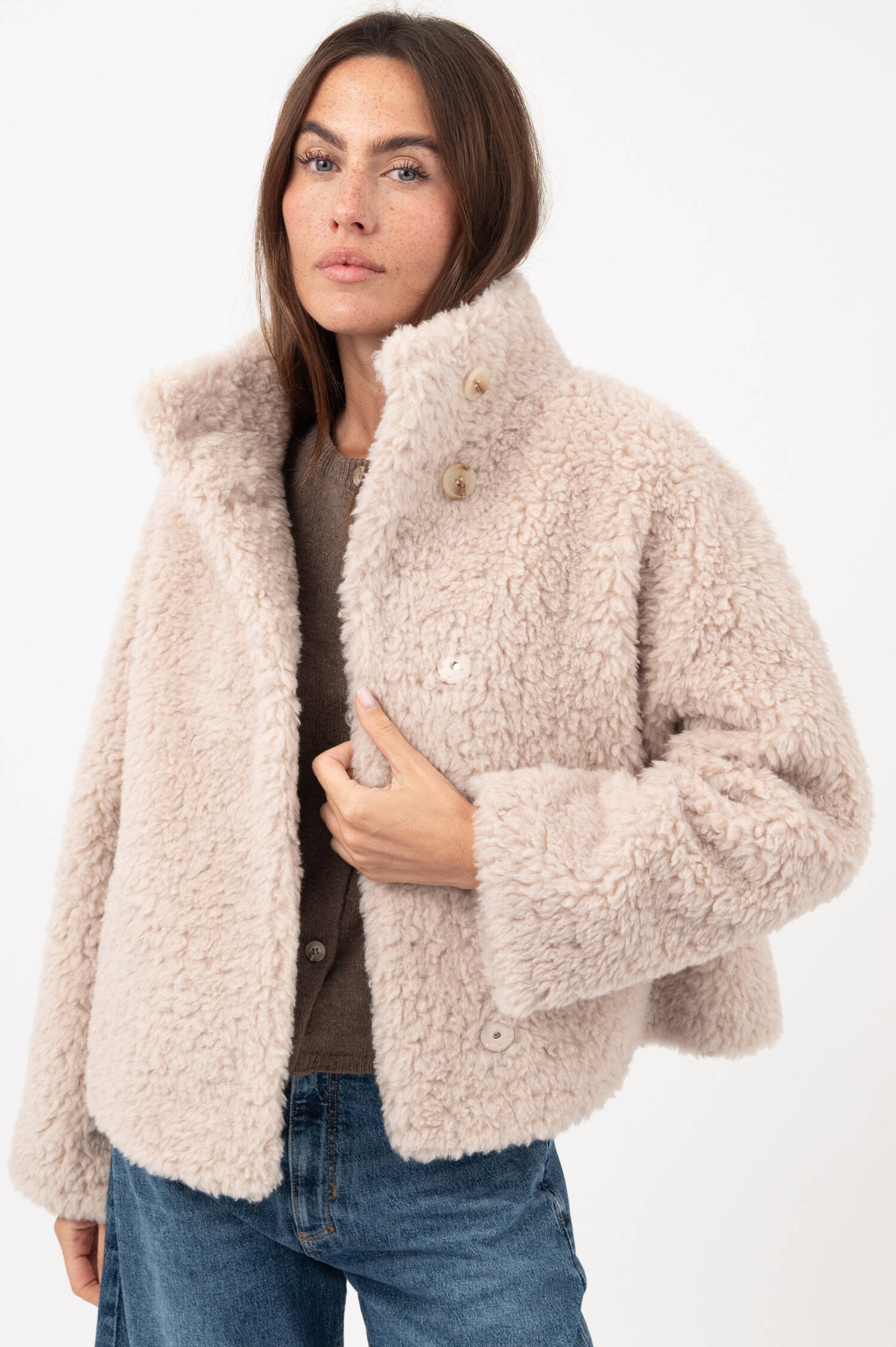 Woll-Mix-Teddyjacke in Beige