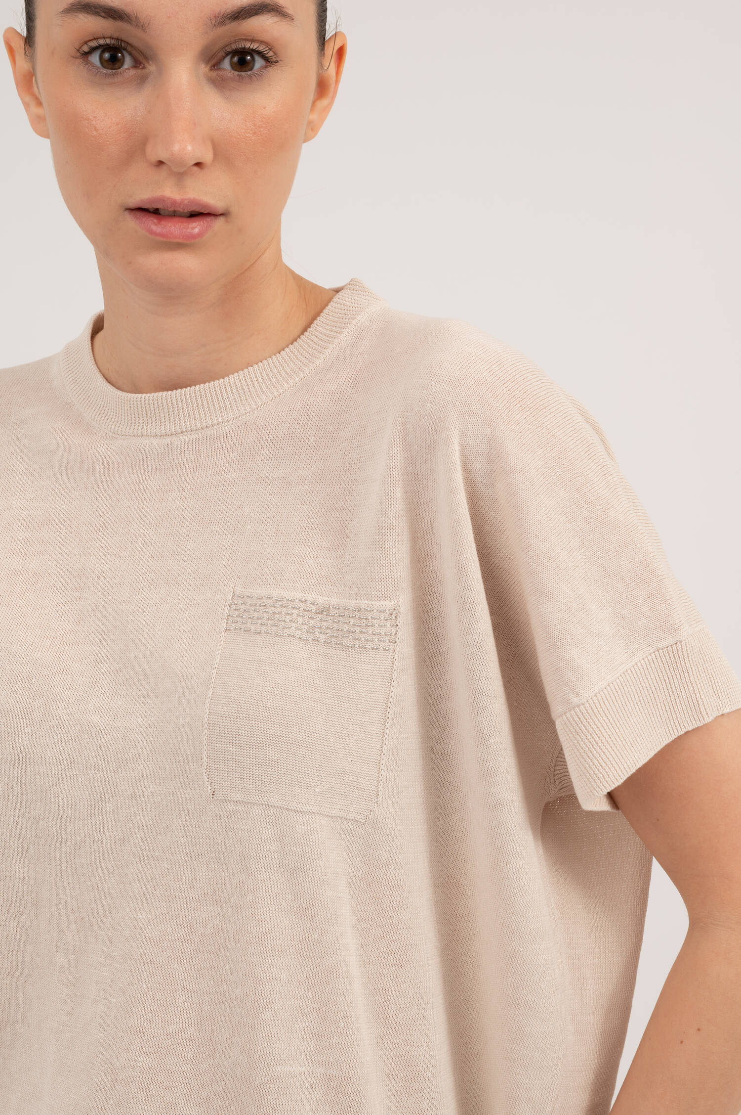 Leinenmix Kurzarm Pullover in Beige