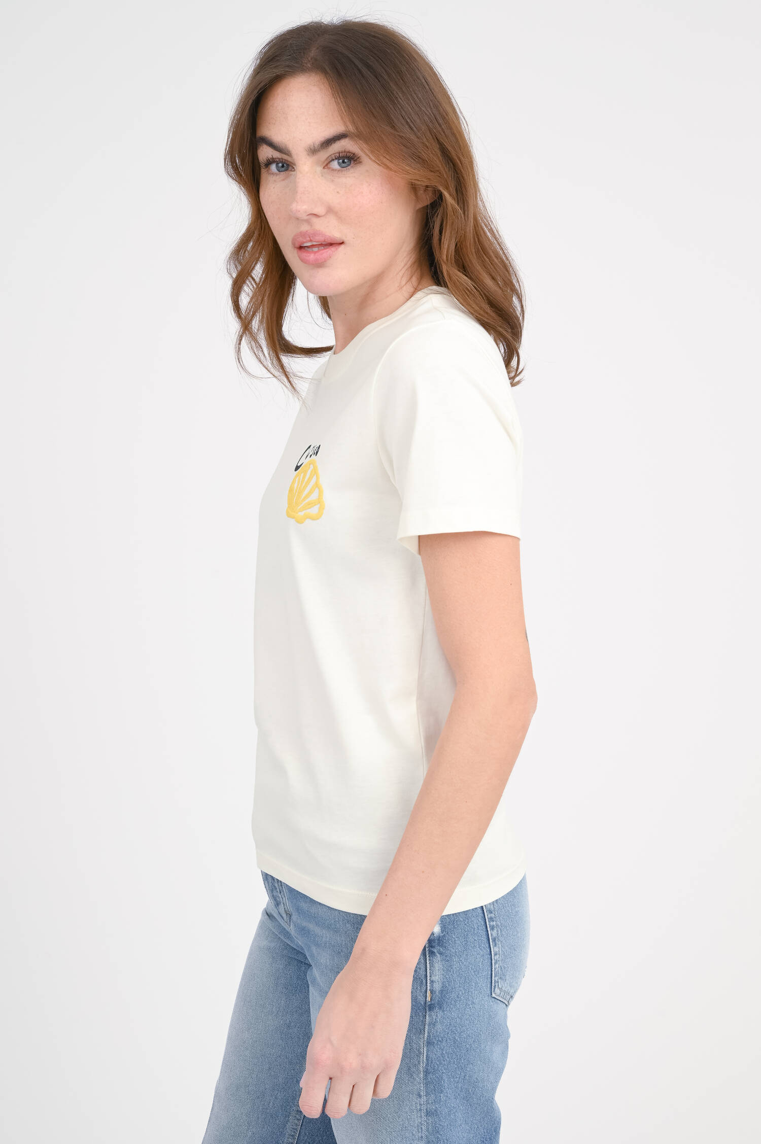 T-Shirt mit Muschel-Stickerei in Ivory