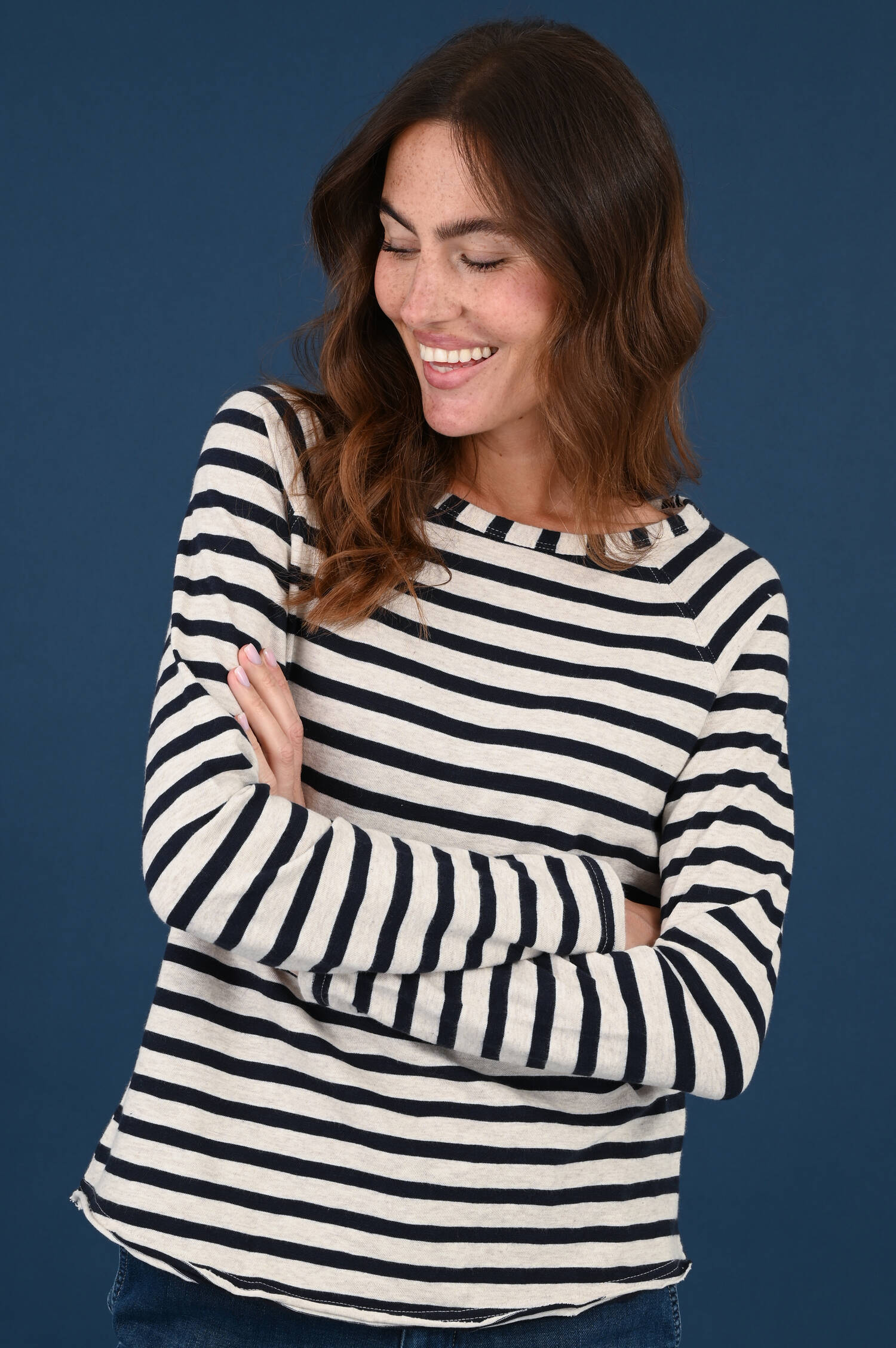 Langarm Raglan Ringel T-Shirt in Light Beige/Navy Langarm Raglan Ringel T-Shirt in Light Beige/Navy