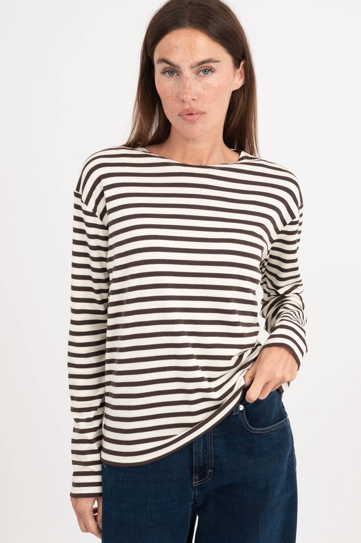 Langarm Shirt in Braun/Weiß gestreift