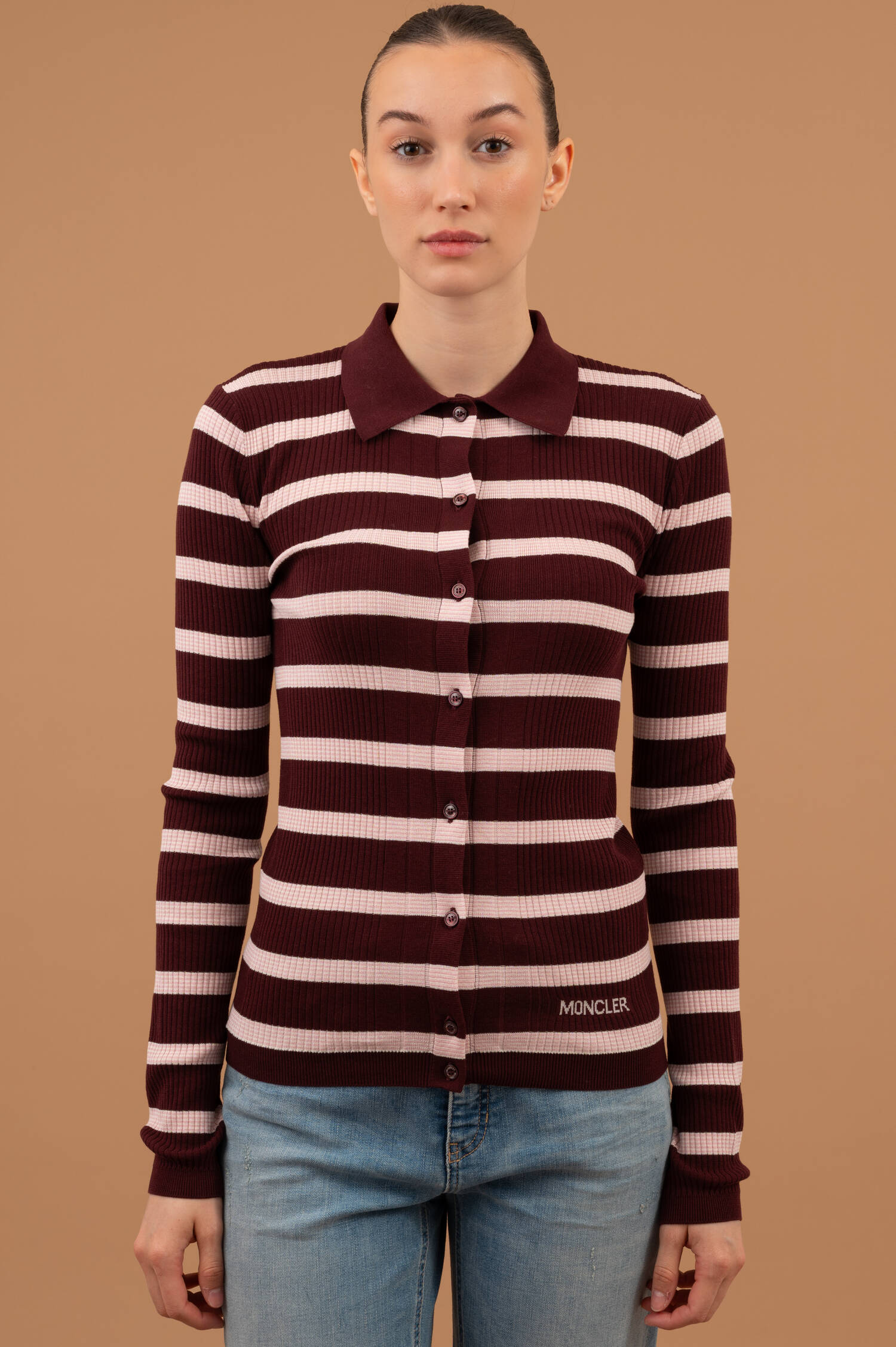 Rippstrick Polo in Burgund/Rosa/Weiß gestreift