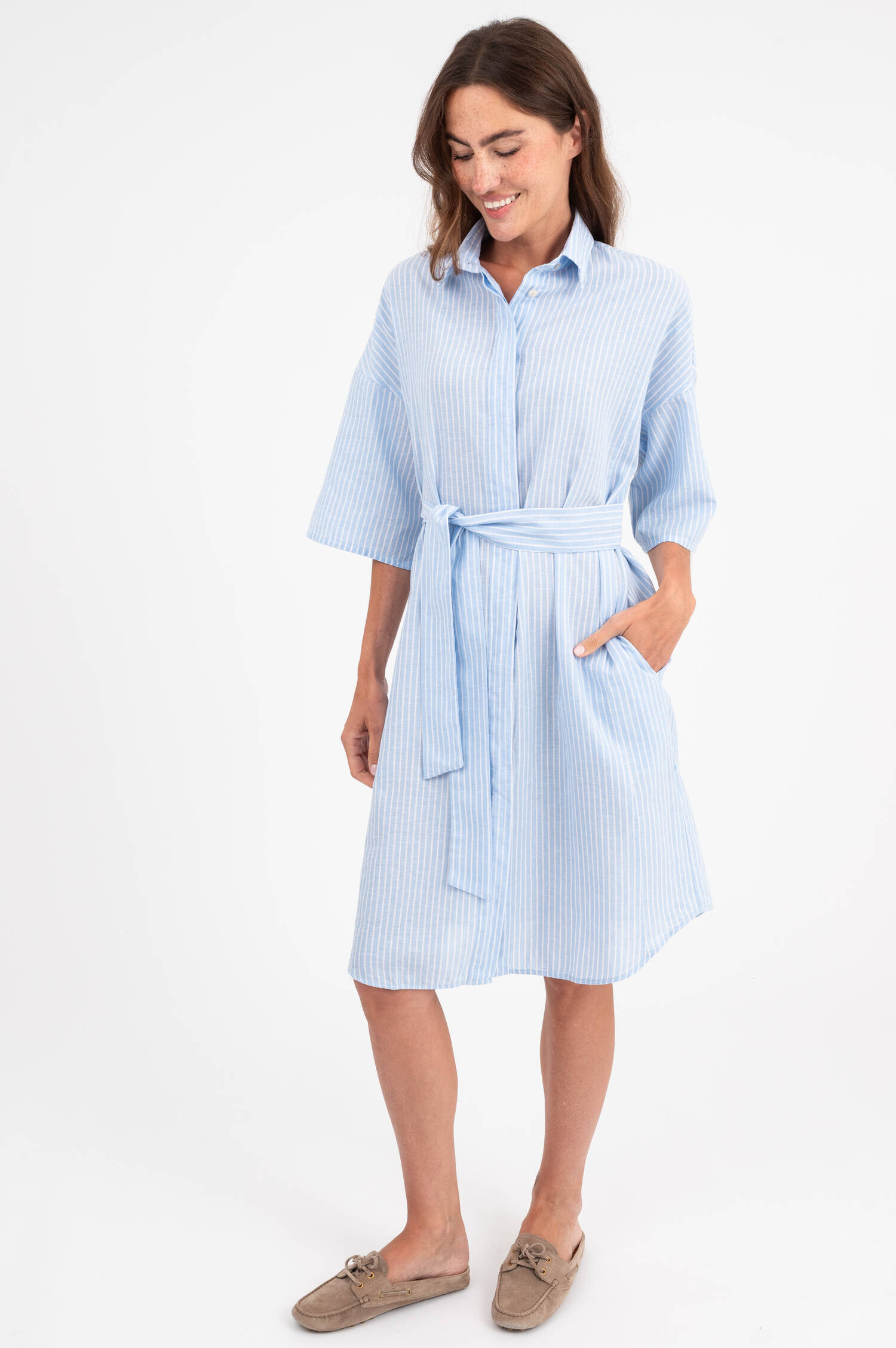 Leinenmix Kleid DERBY in Blau/Weiß gestreift