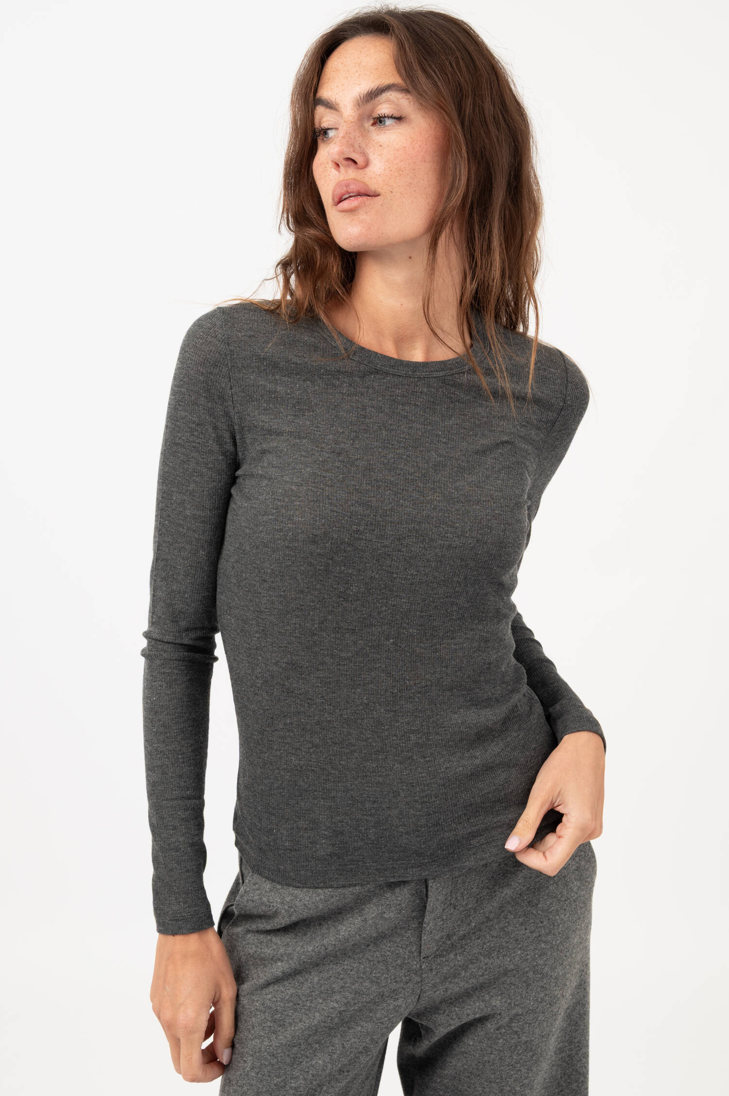 Langarm-Rippstrick-Shirt in Dunkelgrau Langarm-Rippstrick-Shirt in Dunkelgrau