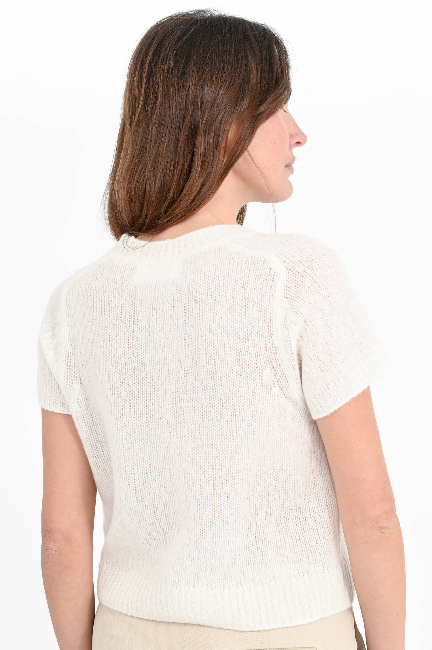Kurzarm Pullover aus Cashmere-Seiden-Mix in Creme