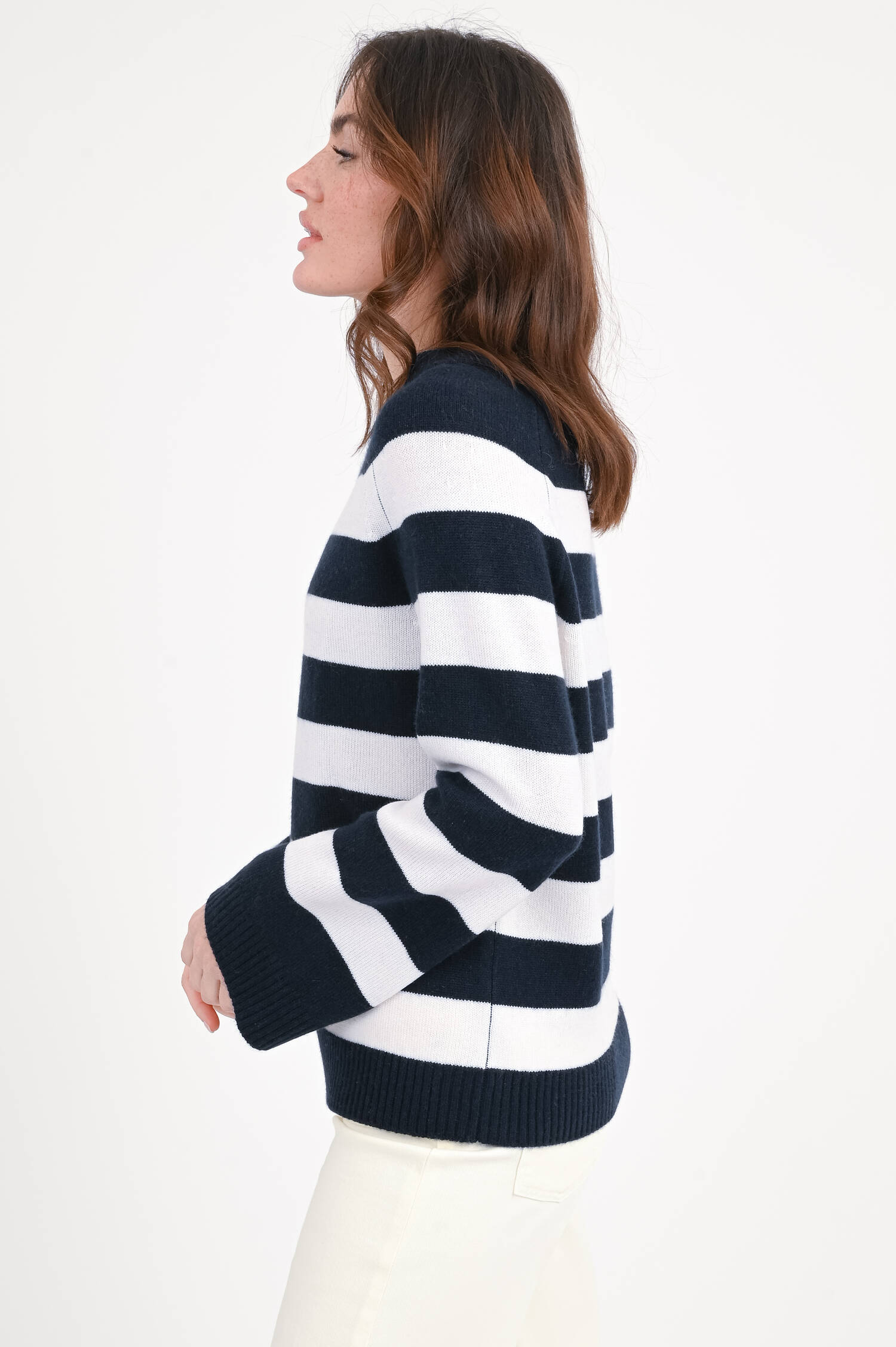 Pullover aus Woll-Cash-Mix in Navy/Weiß gestreift