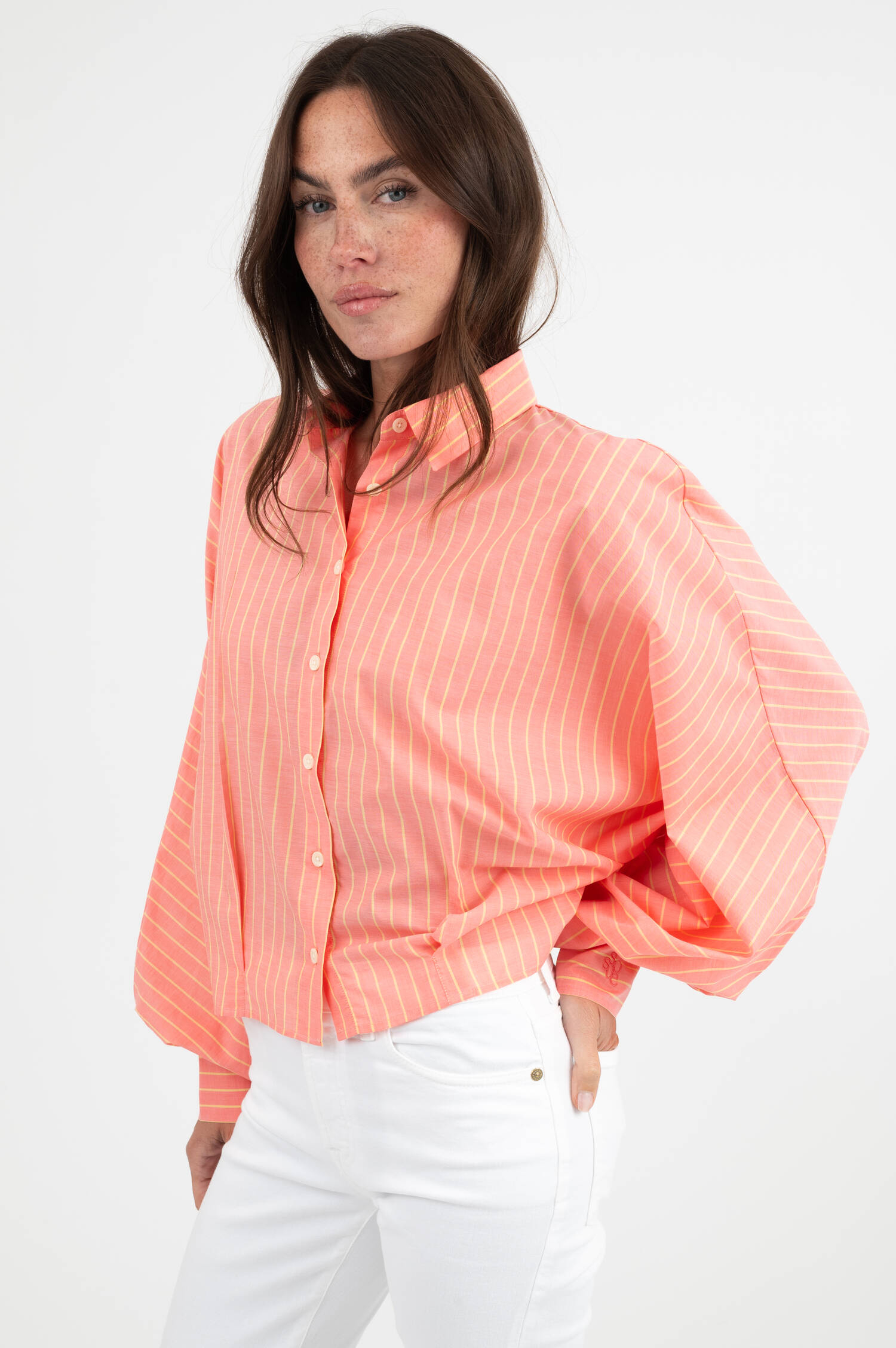 Bluse ANTONIA SHORT in Koralle/Gelb gestreift Bluse ANTONIA SHORT in Koralle/Gelb gestreift