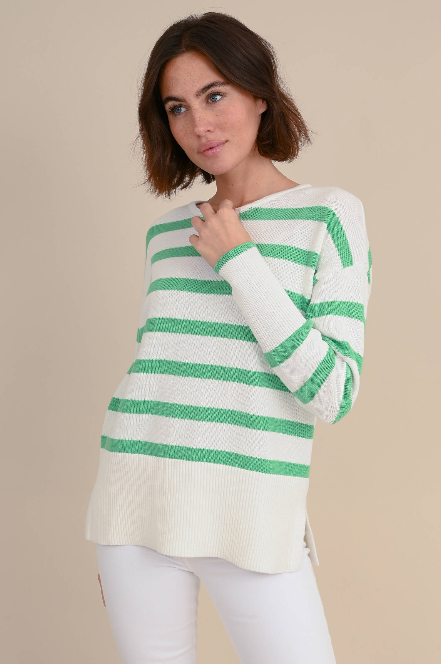 Baumwolle Pullover in Weiß/Grün gestreift