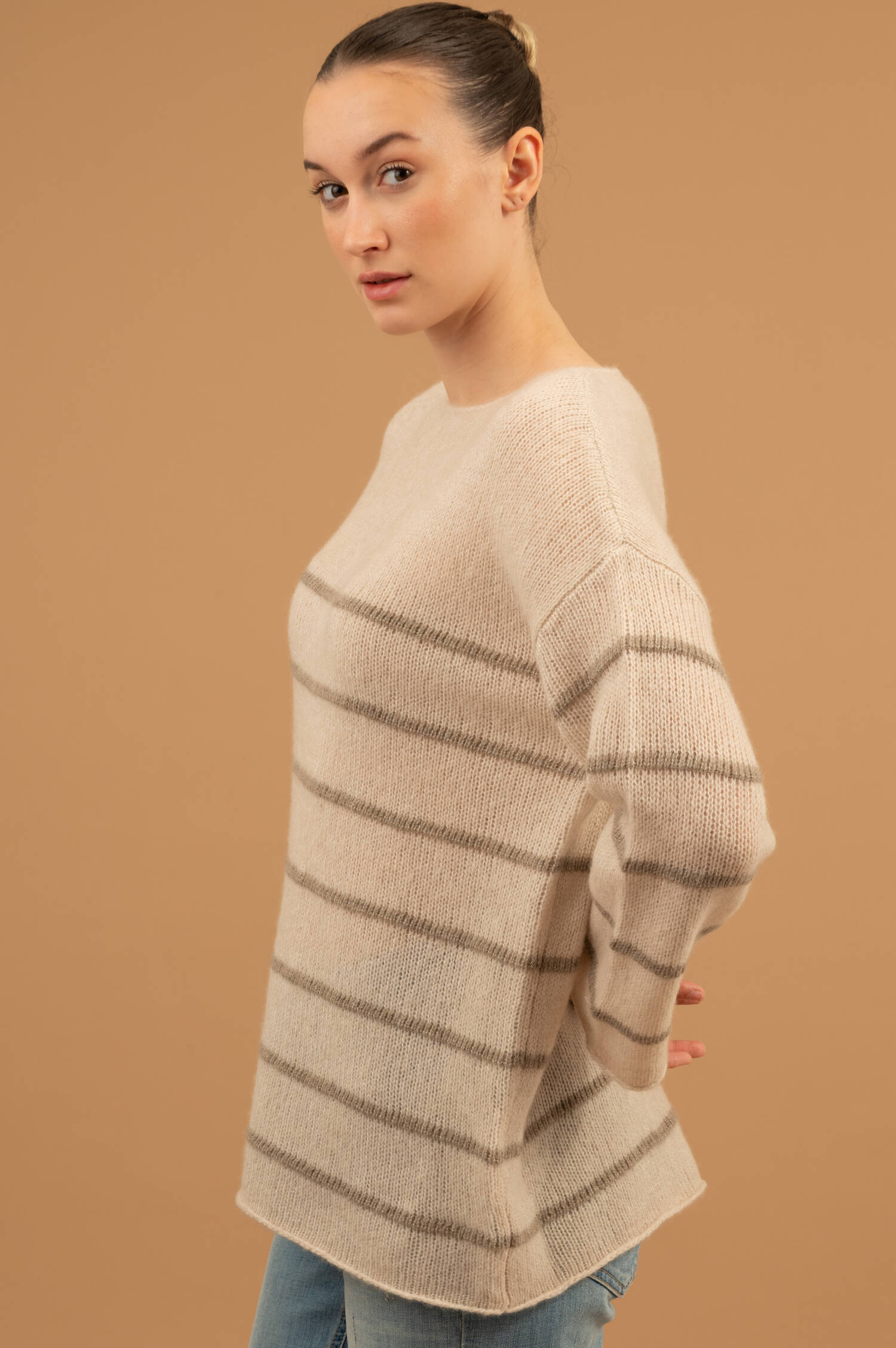 Cashmere-Seiden Pullover in Beige/Grau Cashmere-Seiden Pullover in Beige/Grau