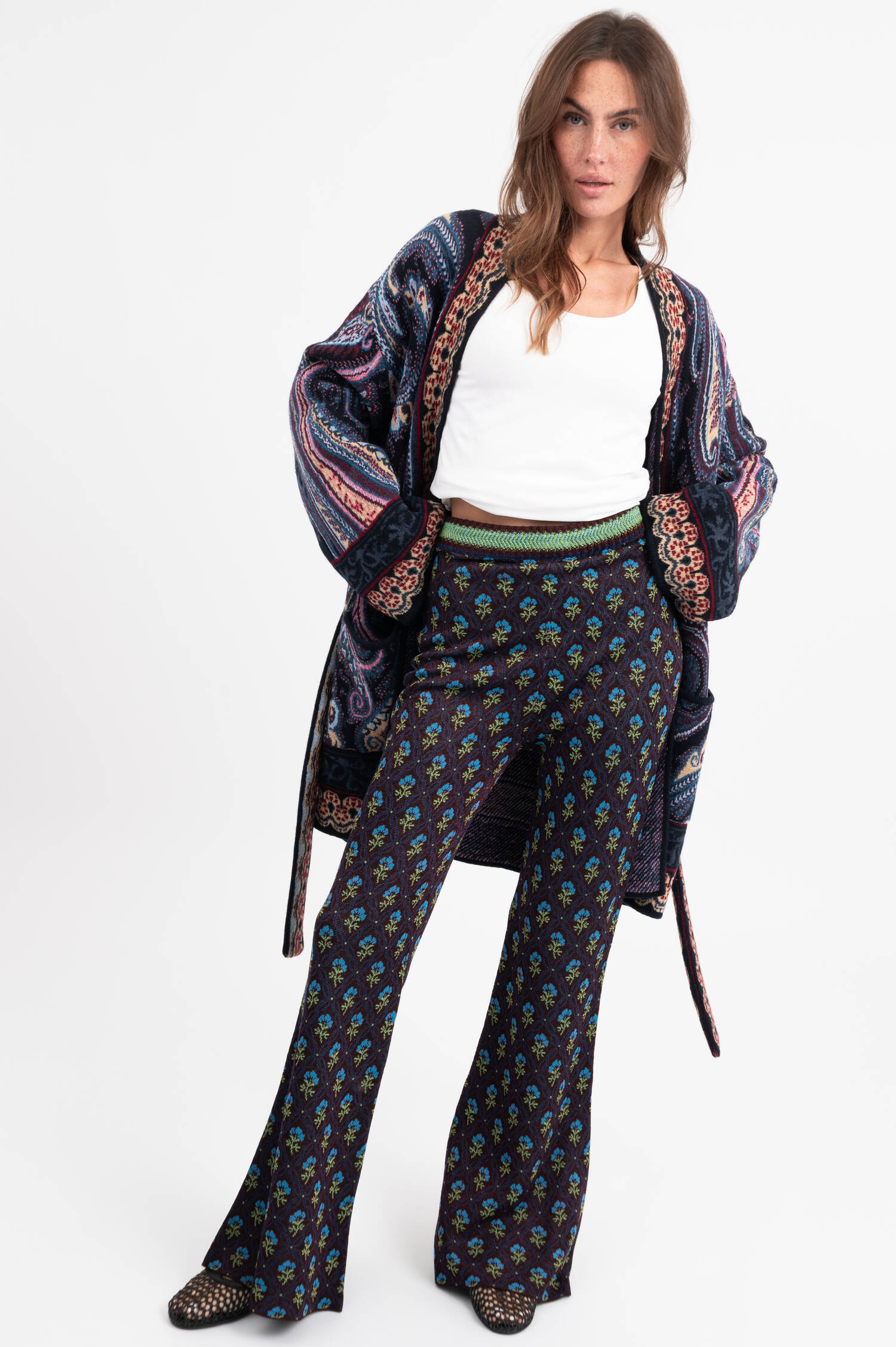 Bootcut Jacquard-Hose mit floralem Rautenmotiv
