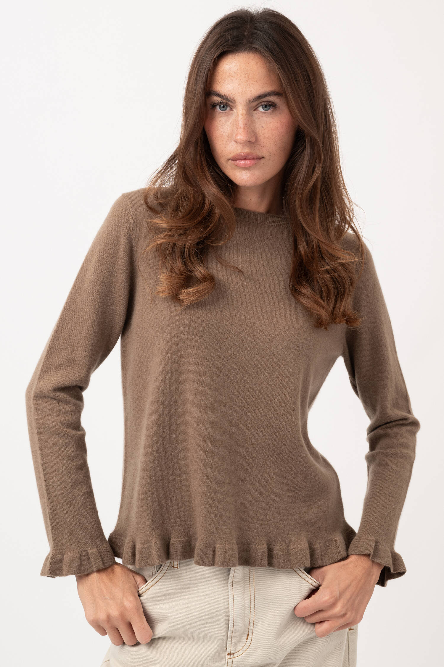 Cashmere-Pullover mit Rüschen in Braun