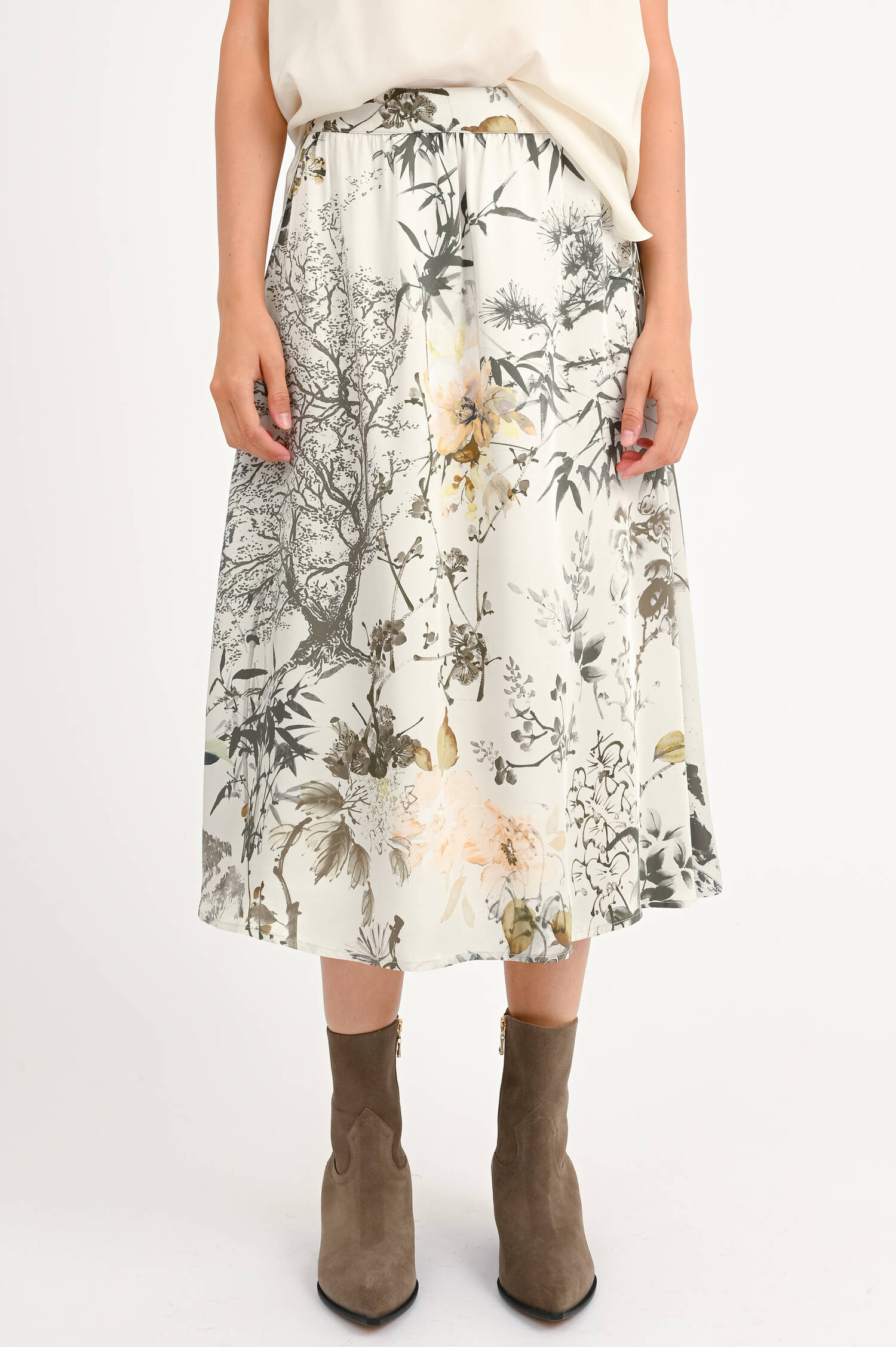 Midi-Rock mit Blumen in Oliv/Weiß/Multicolor