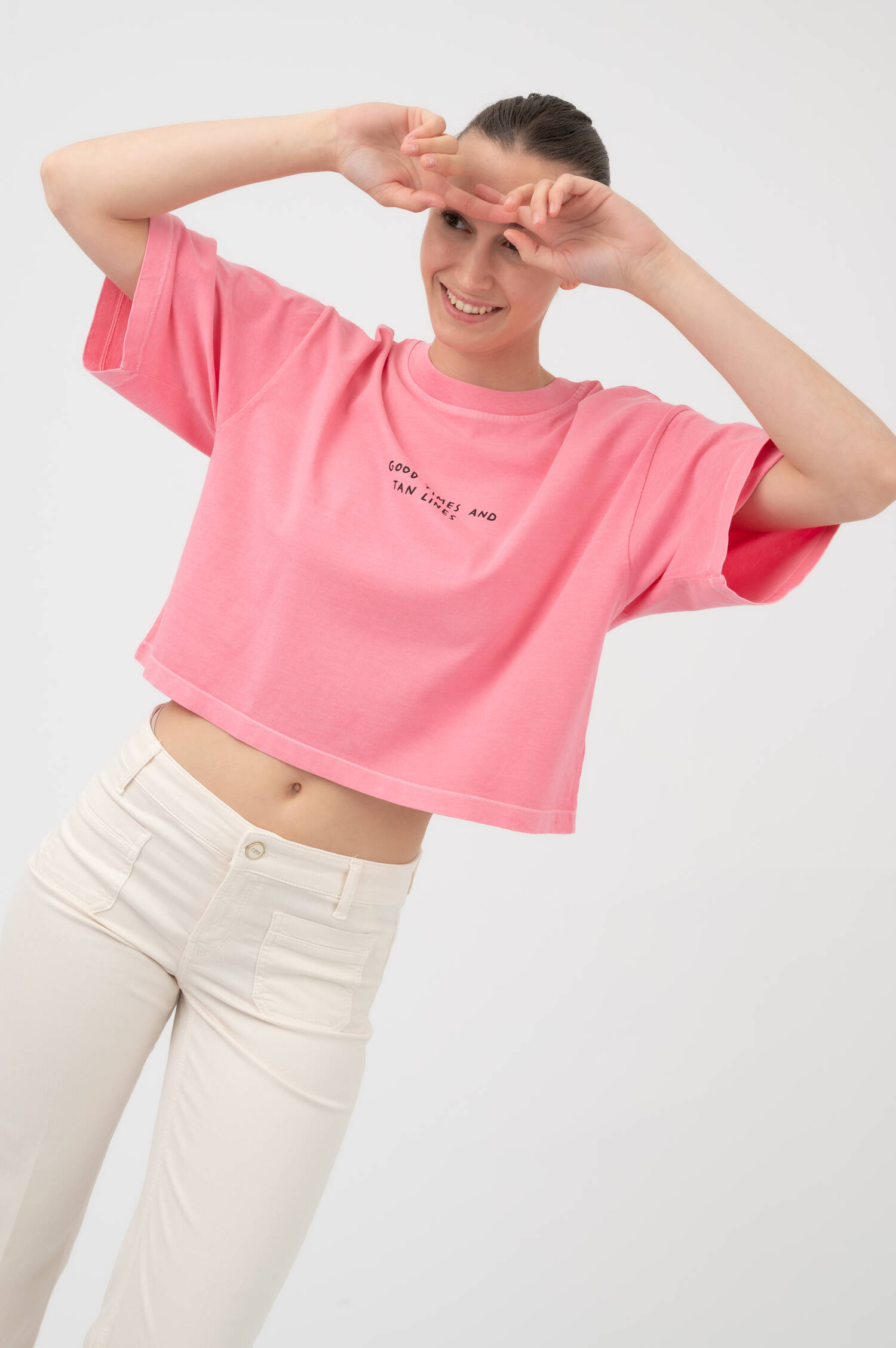 Cropped Boxy T-Shirt GOOD TIMES in Peonypink Cropped Boxy T-Shirt GOOD TIMES in Peonypink