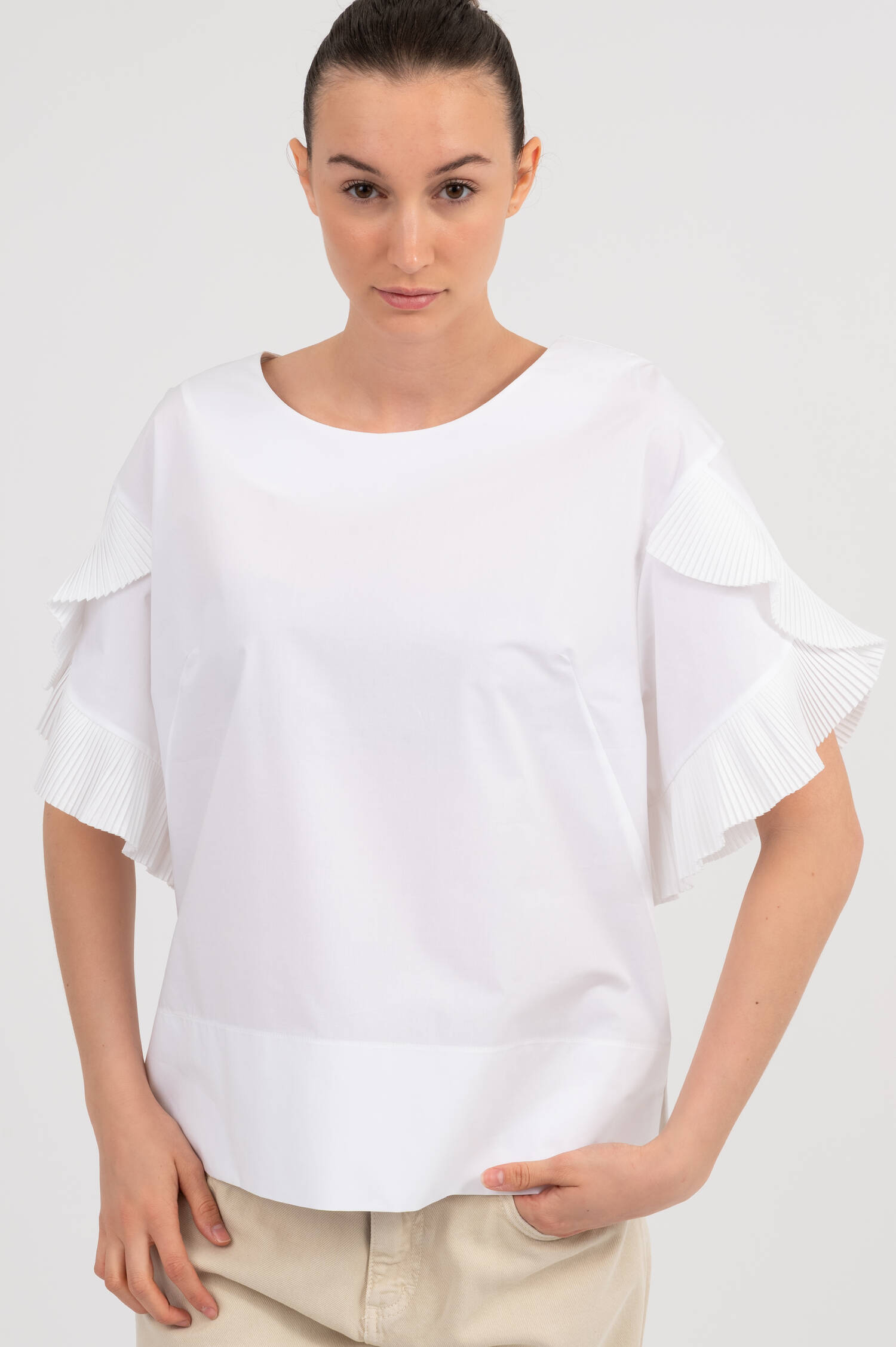 Bluse mit Plissee-Volantbesatz in Weiß