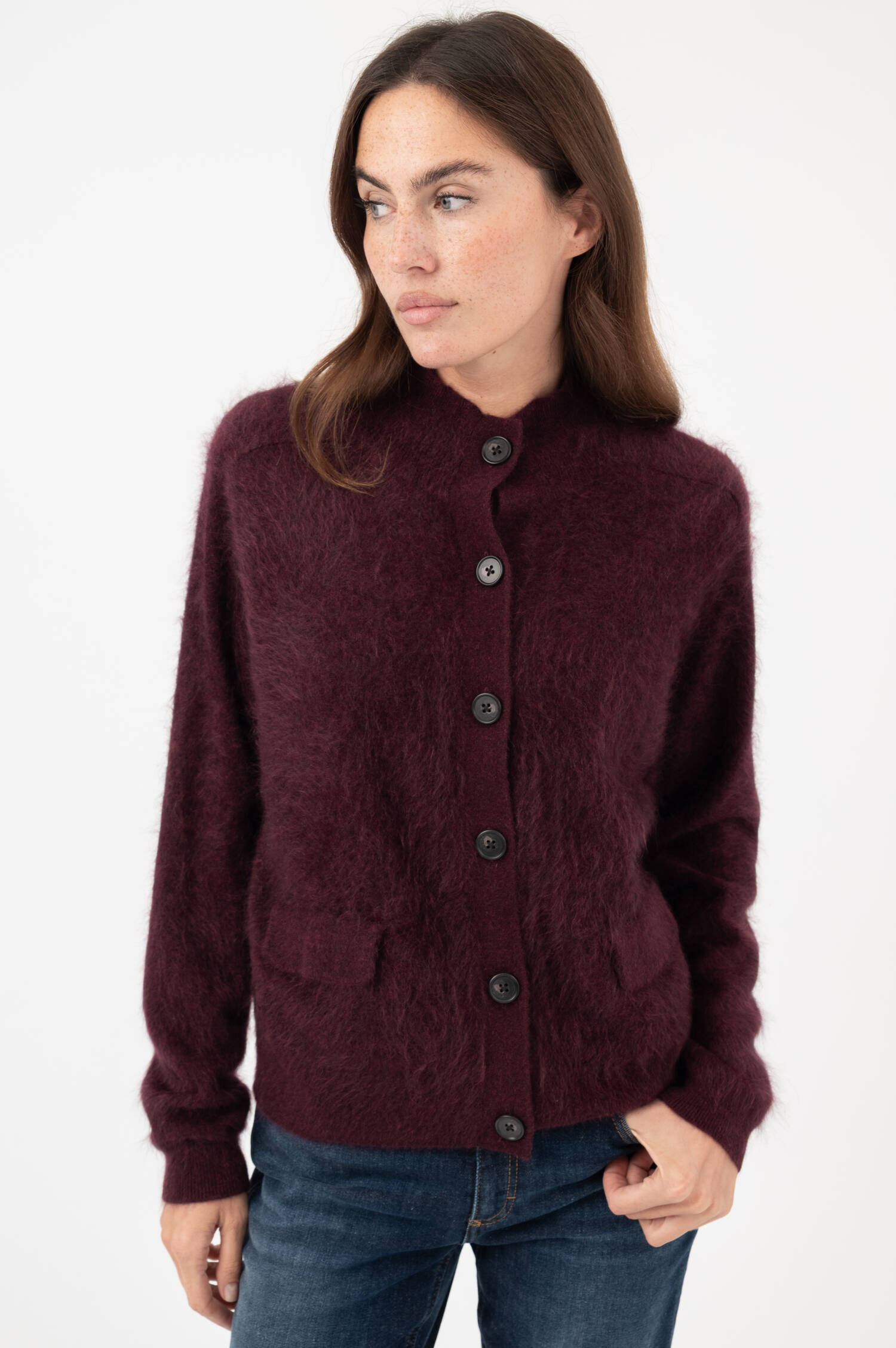 Hairy-Cashmere-Stehkragen-Cardigan in Beerenrot Hairy-Cashmere-Stehkragen-Cardigan in Beerenrot