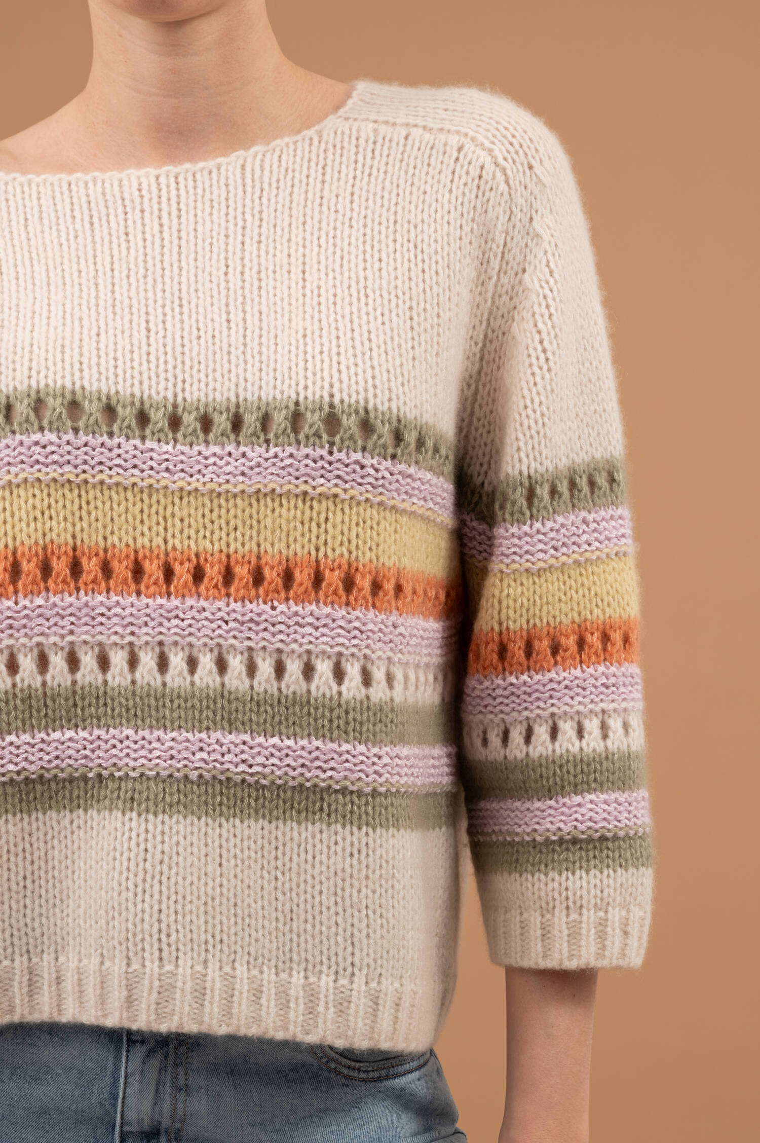 Grobstrick Pullover mit Streifenstrick in Beige