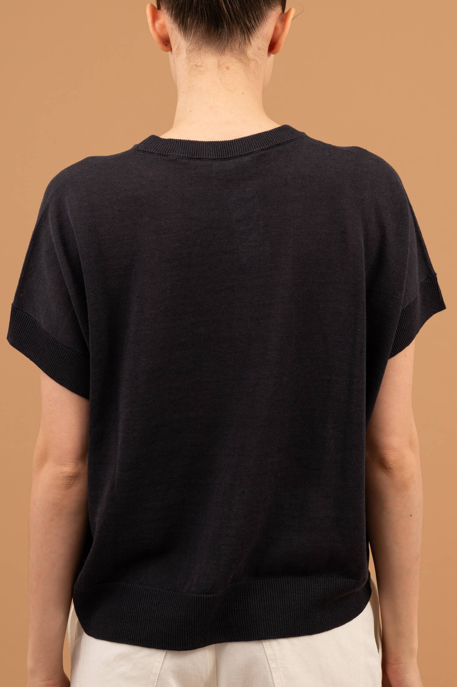 Leinenmix Kurzarm Pullover in Marineblau Leinenmix Kurzarm Pullover in Marineblau