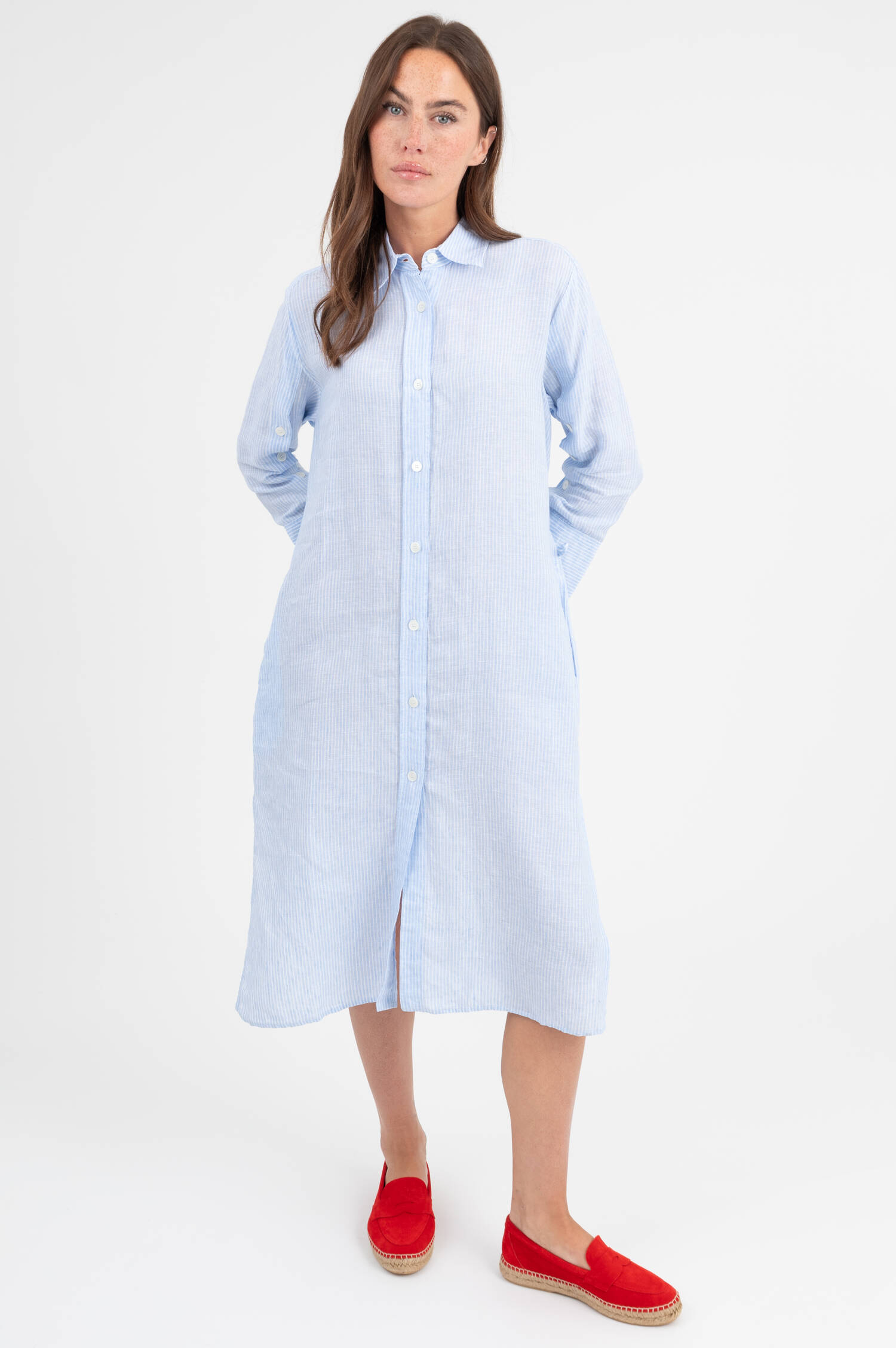 Leinenkleid in Hellblau/Weiß gestreift