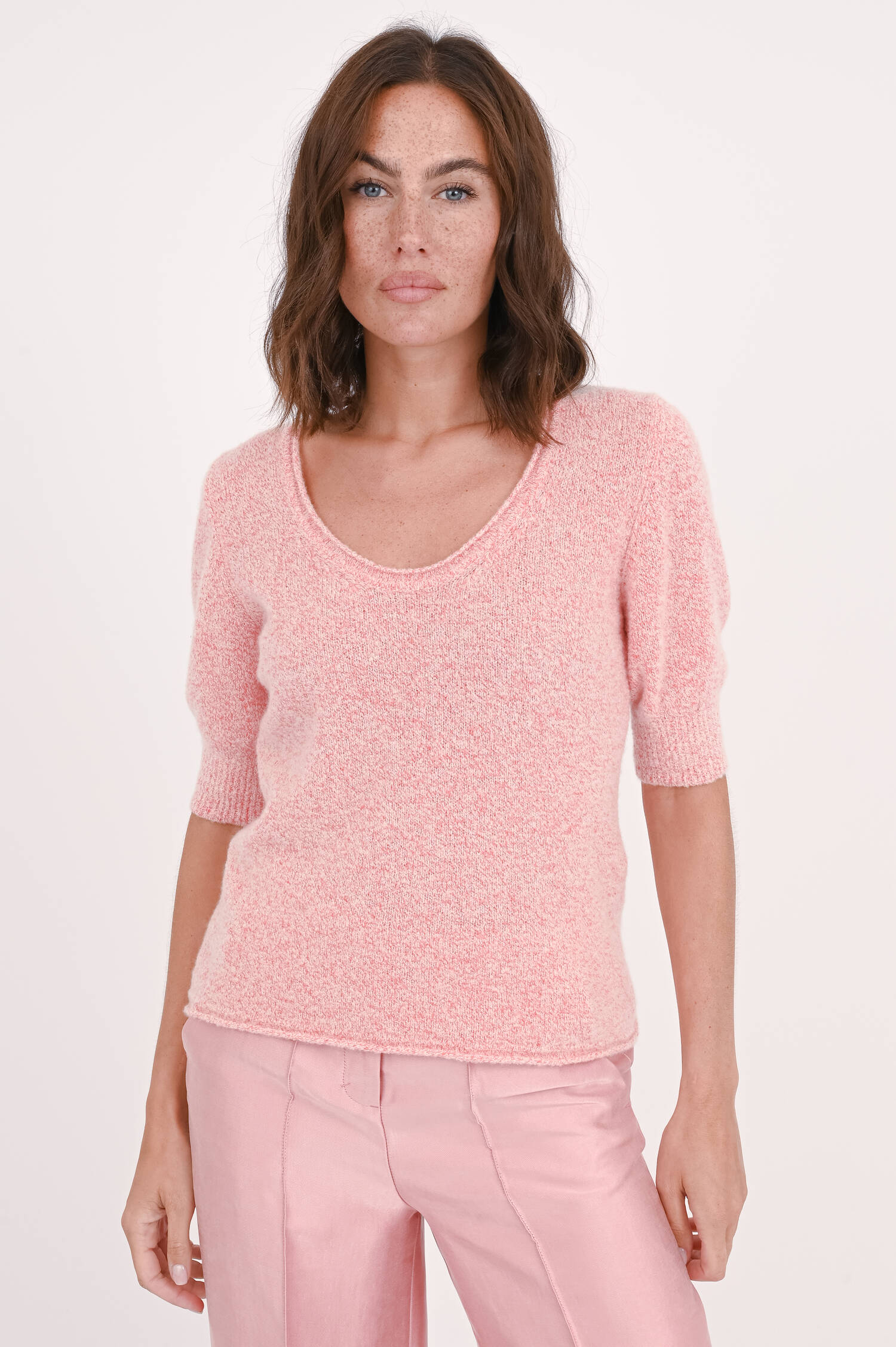 Cashmere-Mix Pullover in Koralle/Weiß meliert