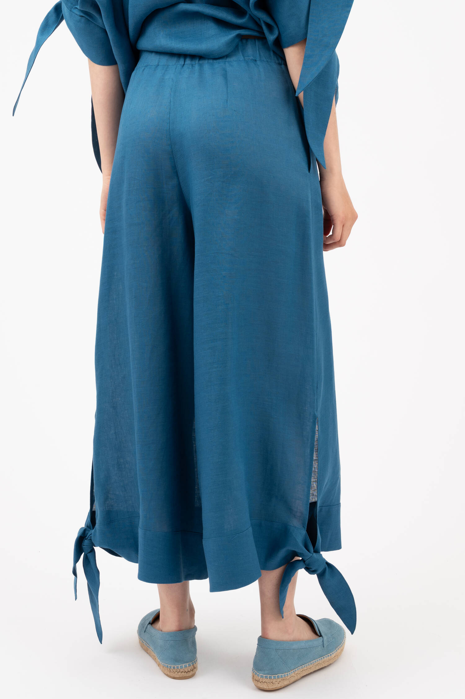 Cropped Wide-Leg Leinenschlupfhose in Blau