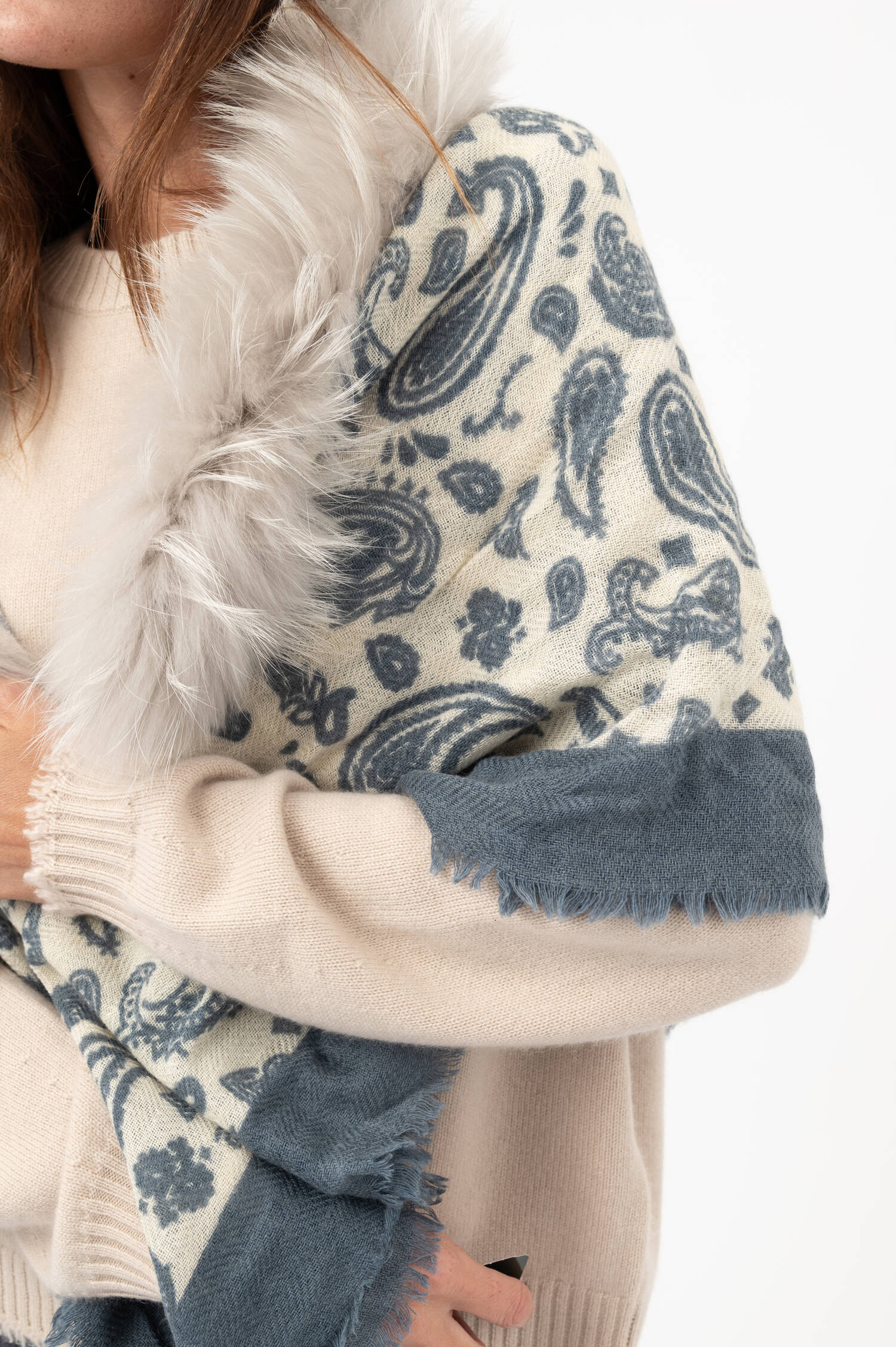 Cashmere Tuch JIMELLA mit Fell in Blau
