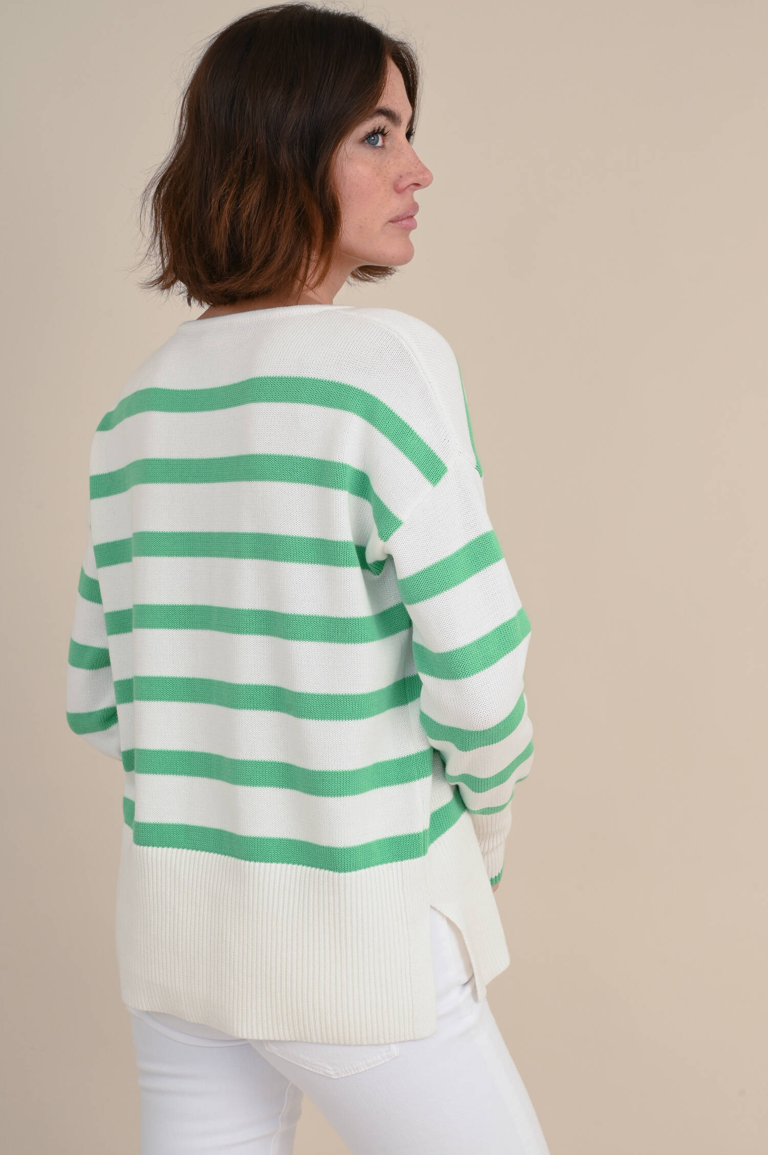 Baumwolle Pullover in Weiß/Grün gestreift
