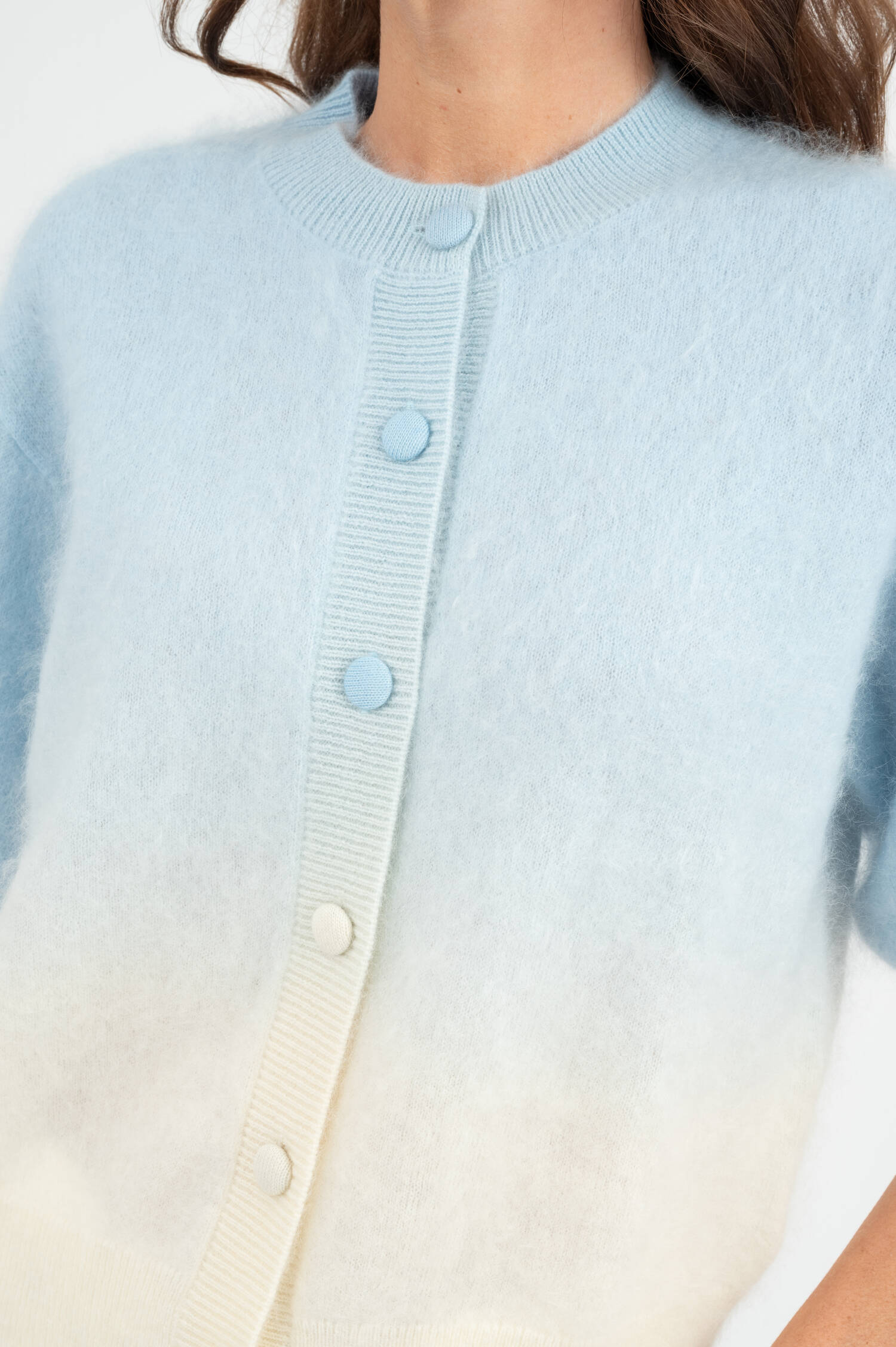 Cashmere-Wolle Cardigan in Blau/Weiß