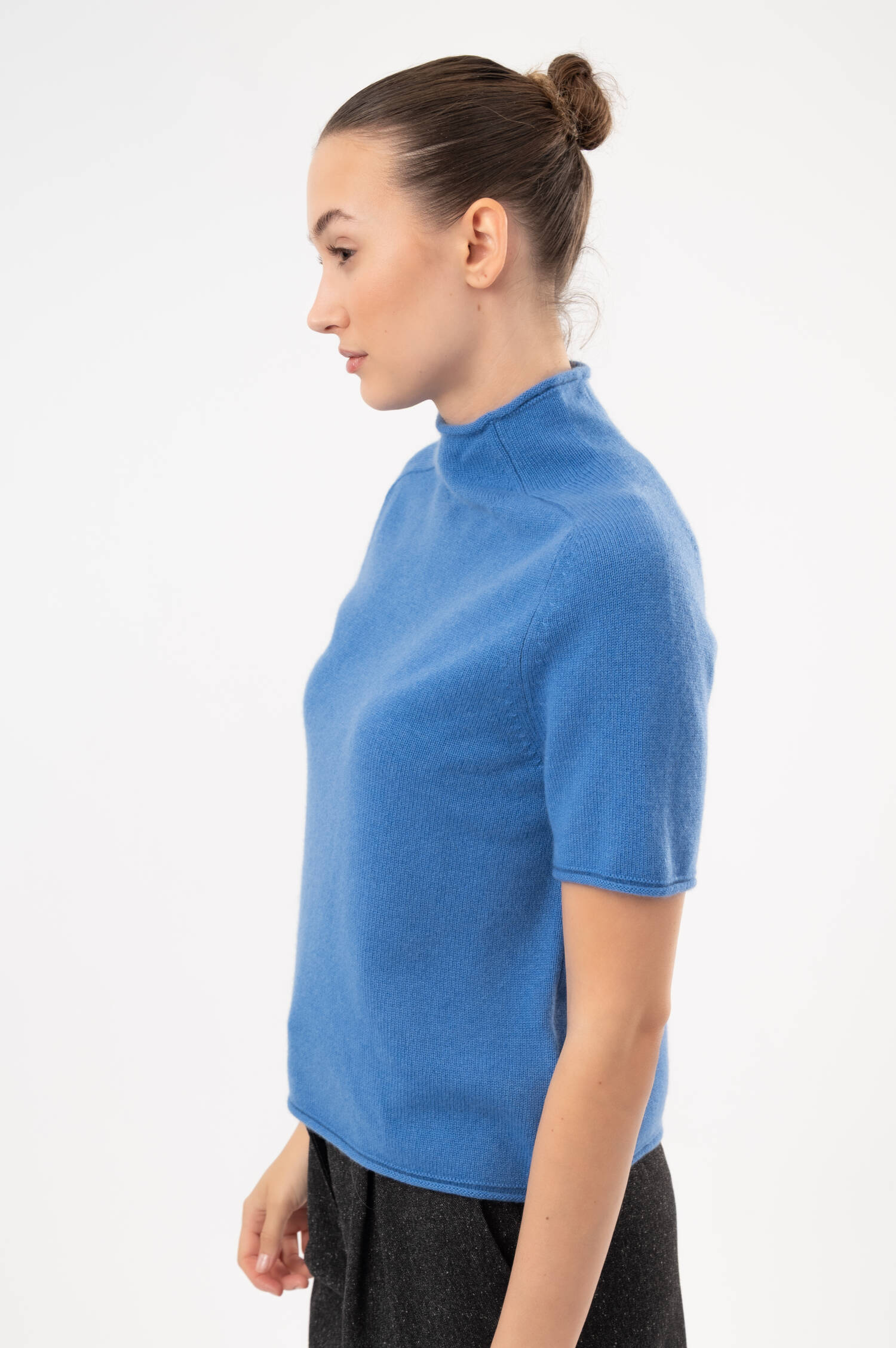 Cashmere-Kurzarm-Pullover in Blau