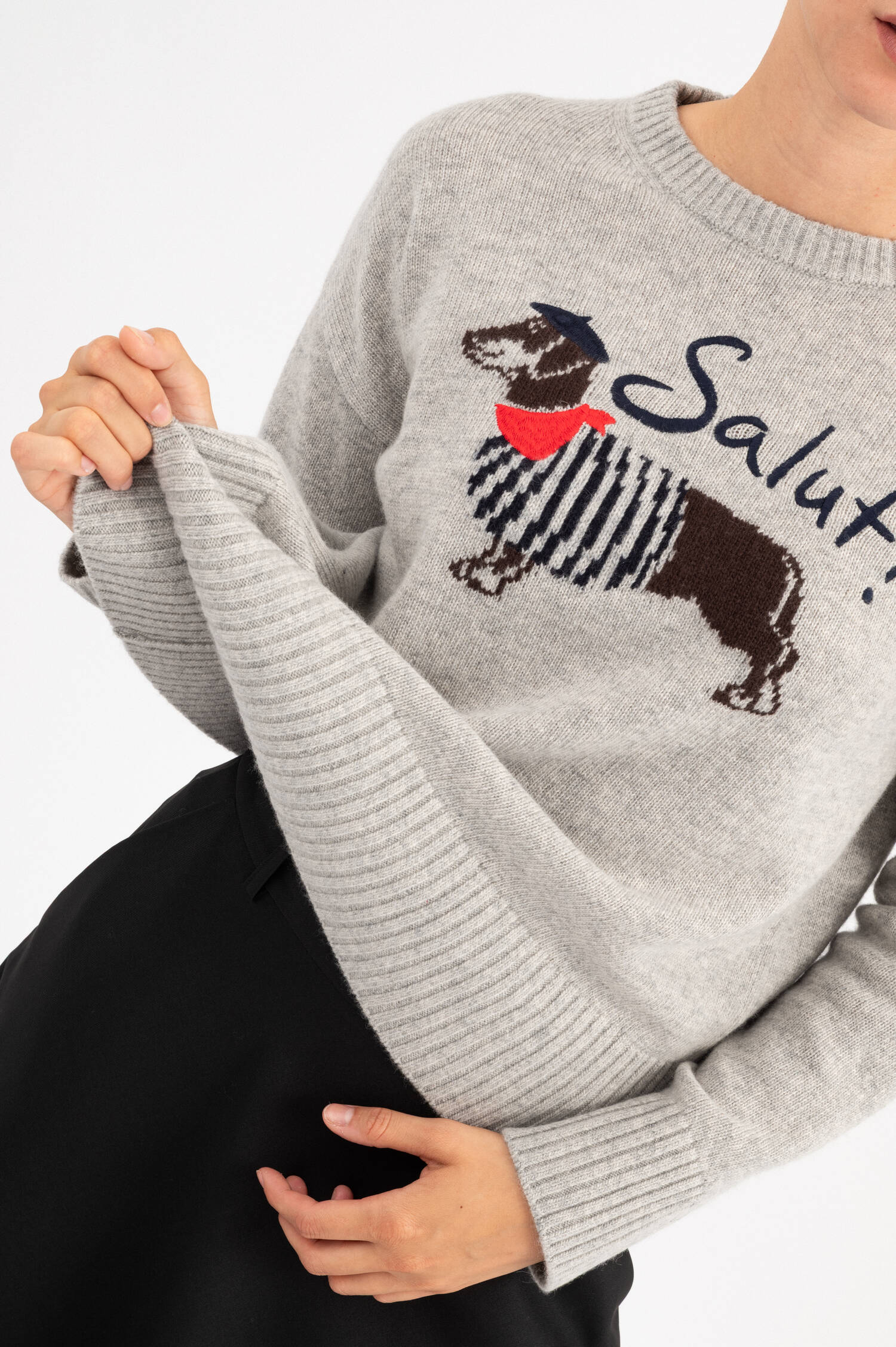 Woll-Pullover mit Dackelmotiv in Grau meliert Woll-Pullover mit Dackelmotiv in Grau meliert