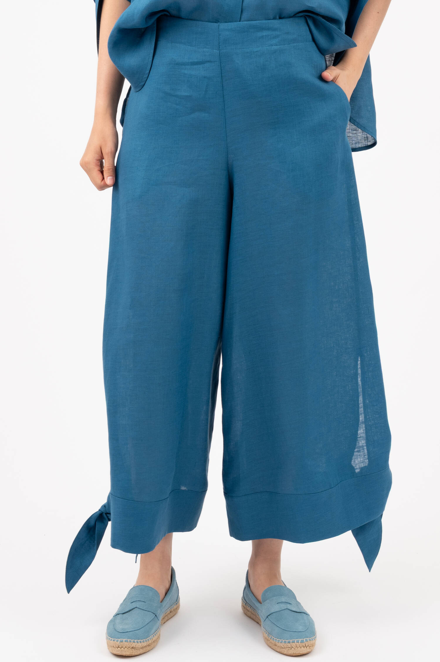 Cropped Wide-Leg Leinenschlupfhose in Blau
