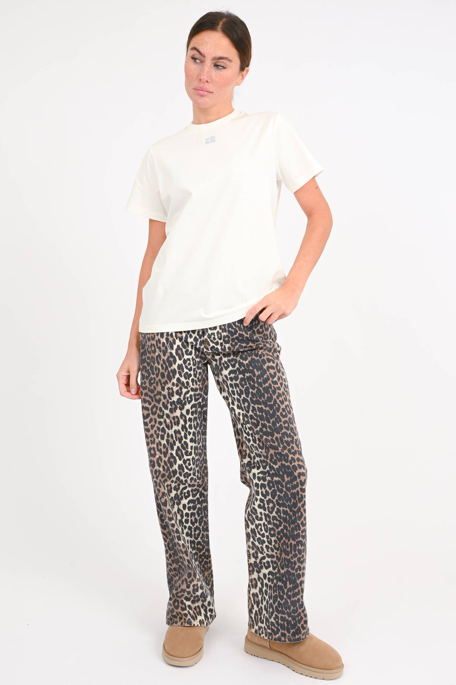 T-Shirt mit Glitzer-Logo in Creme