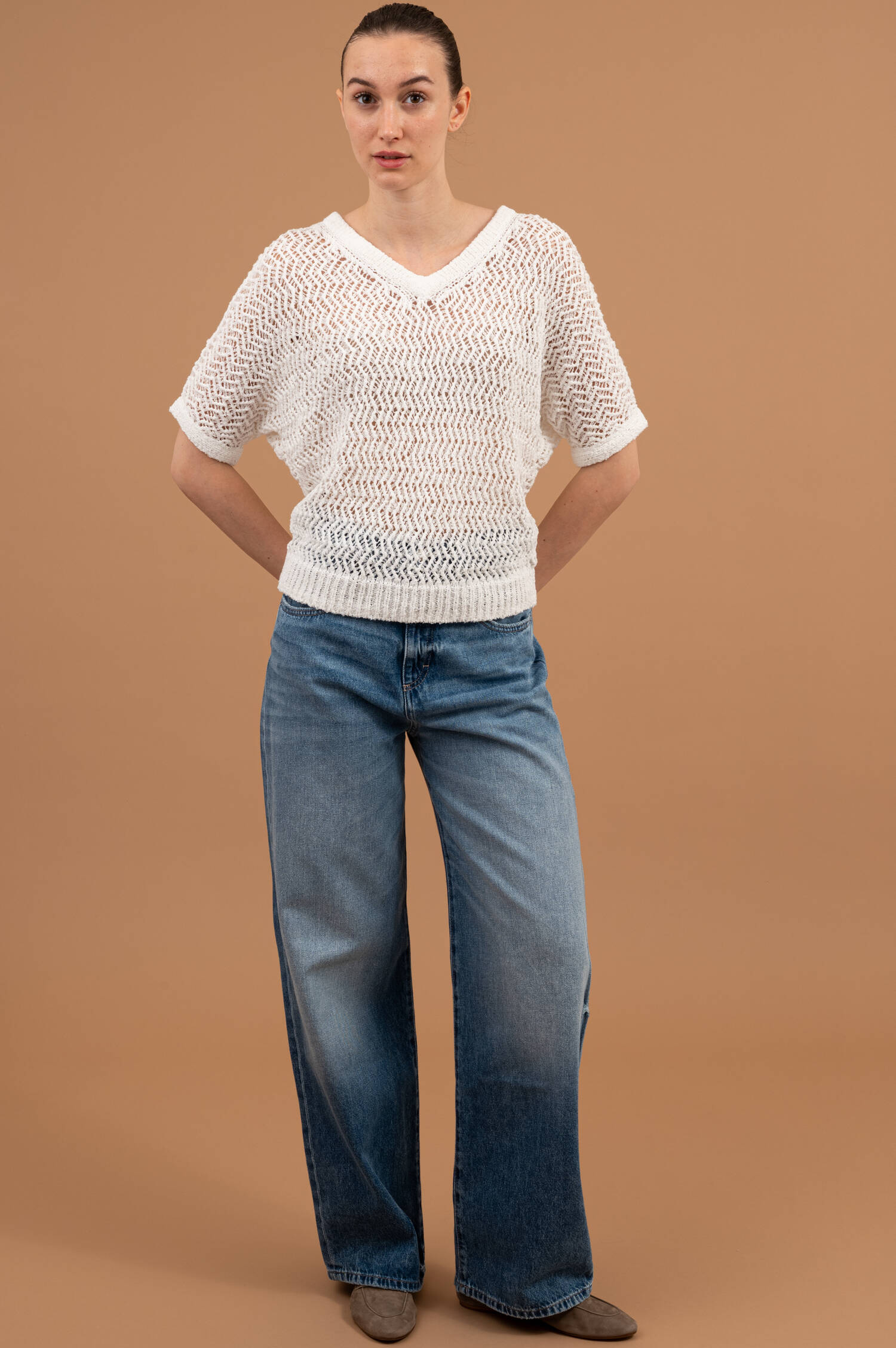 Lochstrick Pullover mit Zick Zack Muster in Weiß