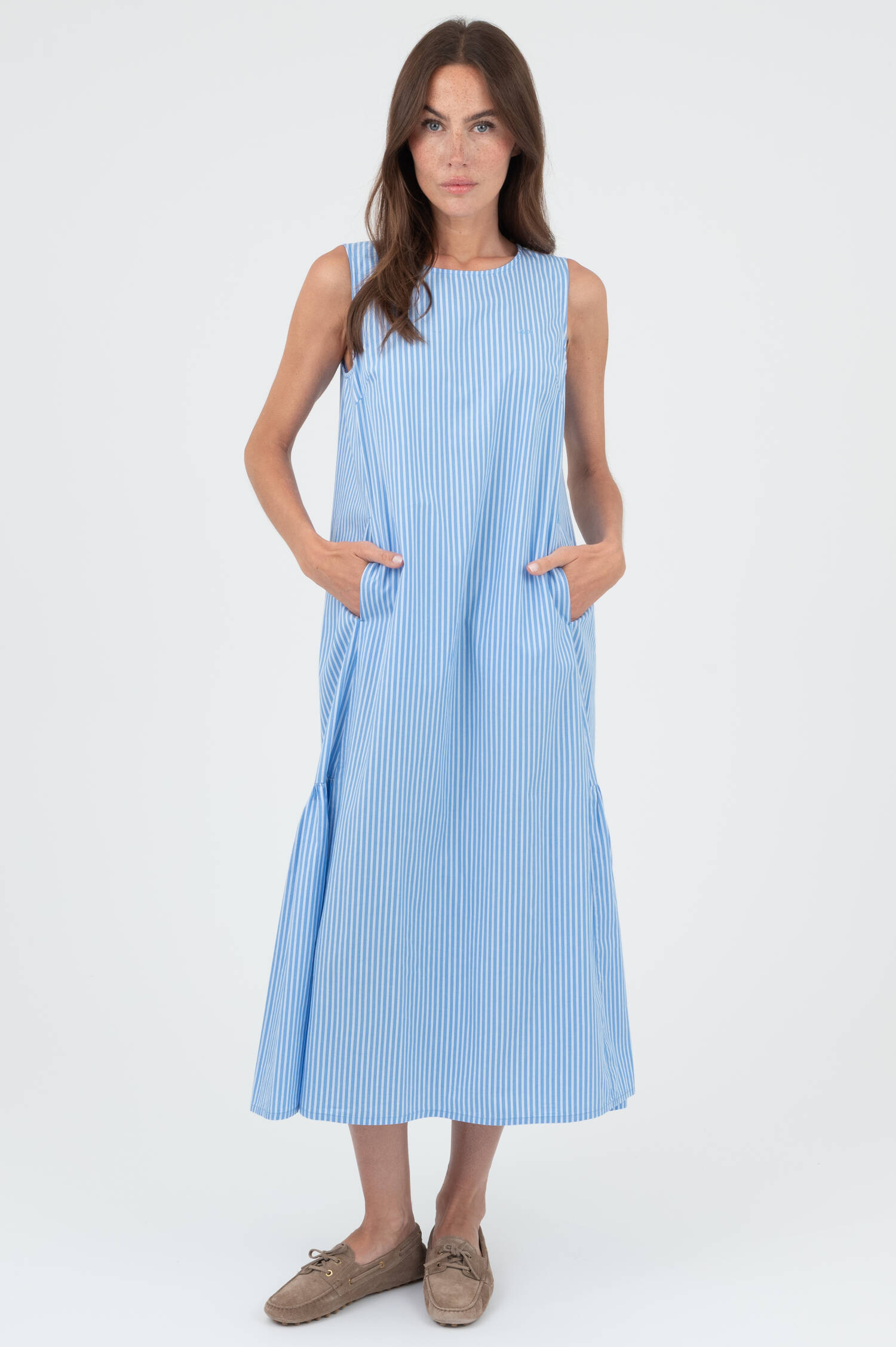 Midi Kleid in Hellblau/Weiß gestreift