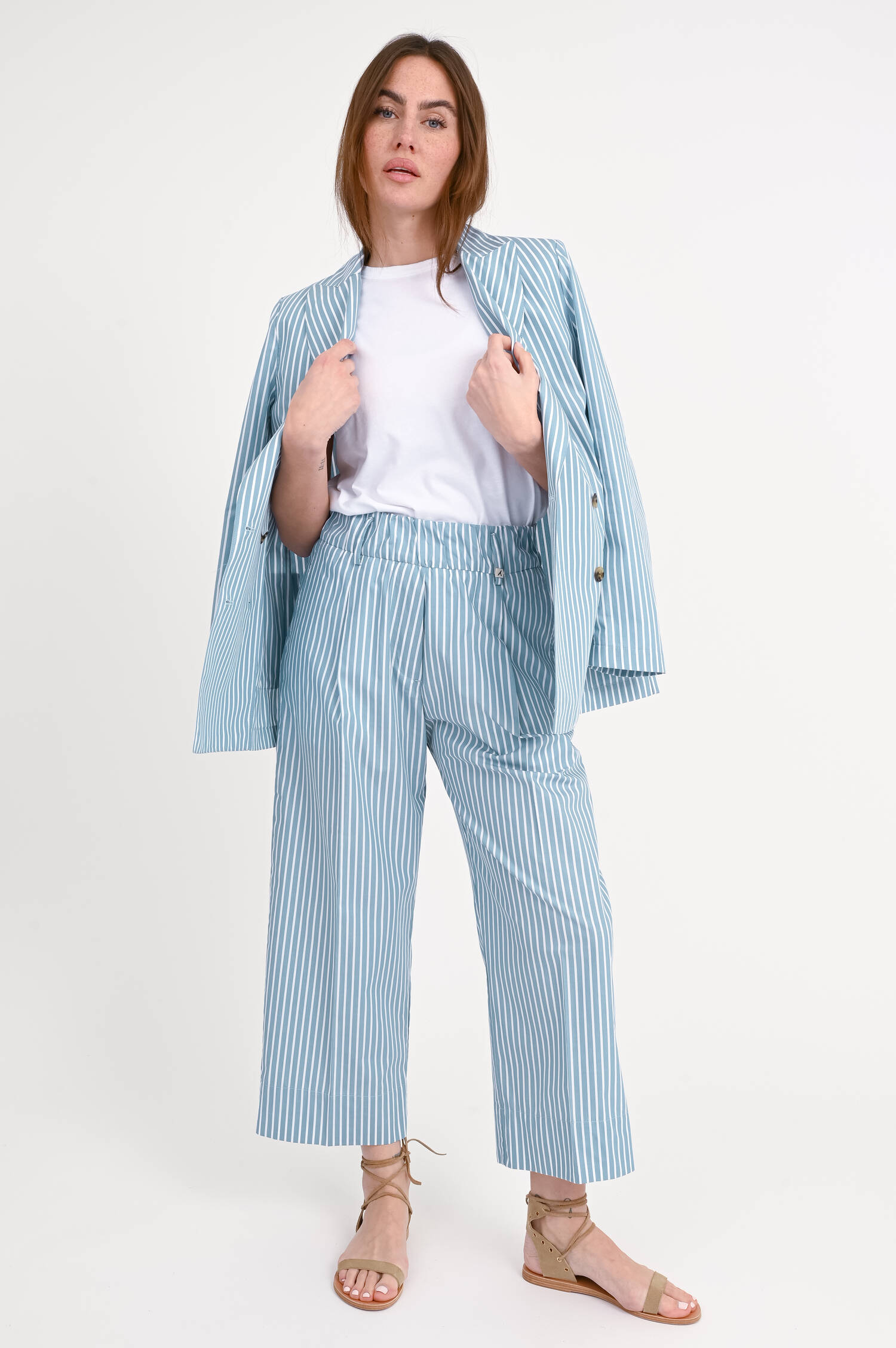 Gestreifte Baumwoll-Hose in Weiß/Türkis