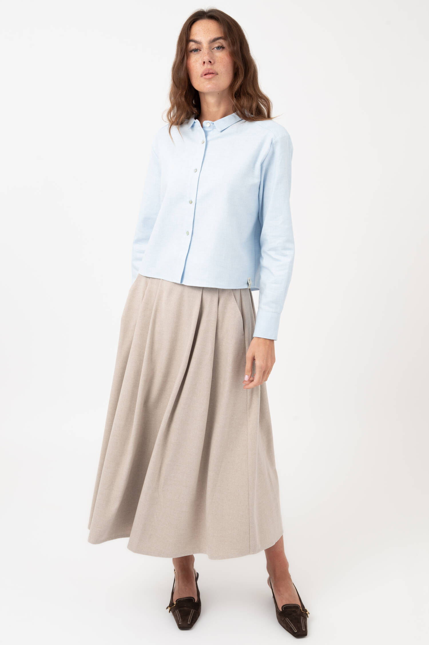 Cropped Bluse aus Baumwollflanell in Pastellblau Cropped Bluse aus Baumwollflanell in Pastellblau