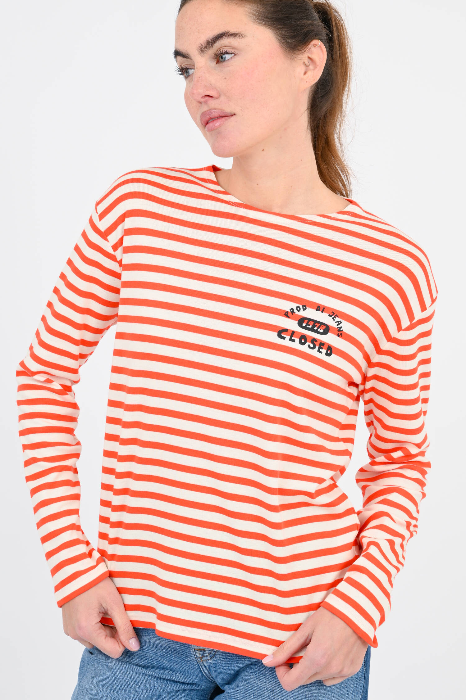 Gestreiftes Langarmshirt in Coral Red/White